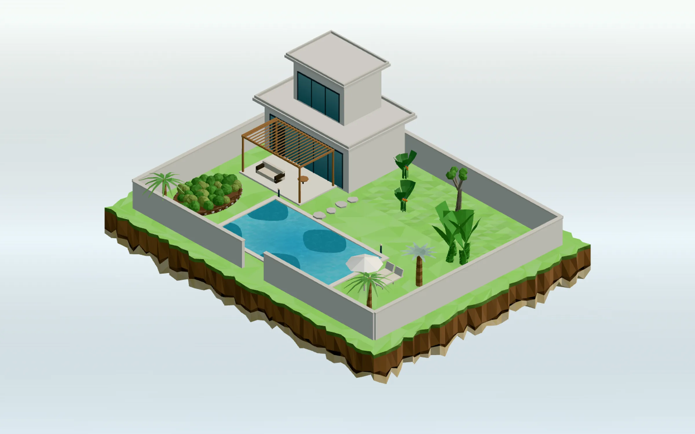 A low-poly 3D preview of a tropical garden design: a floating island with a pool, palms and a villa