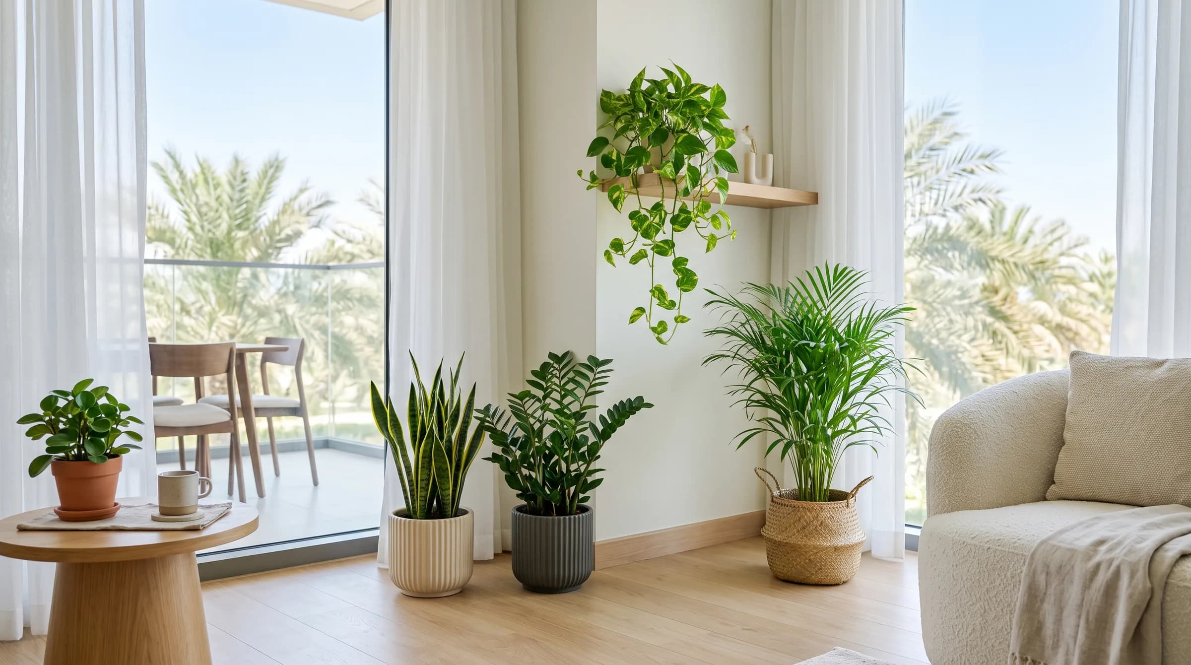 Easy indoor plants by the window of a bright Dubai apartment: snake plant, ZZ plant, parlour palm, trailing pothos and a peperomia