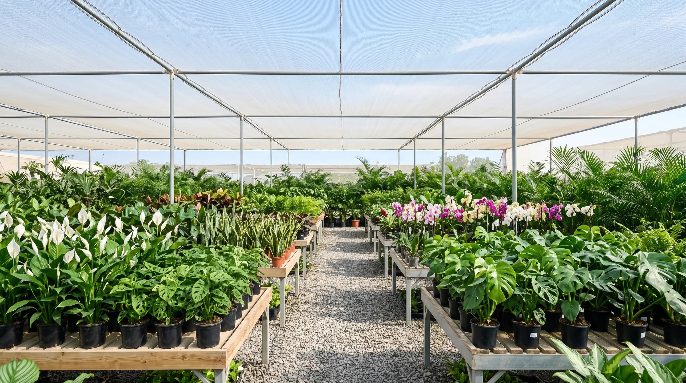 Rows of healthy houseplants on benches under shade netting at a Dubai plant nursery