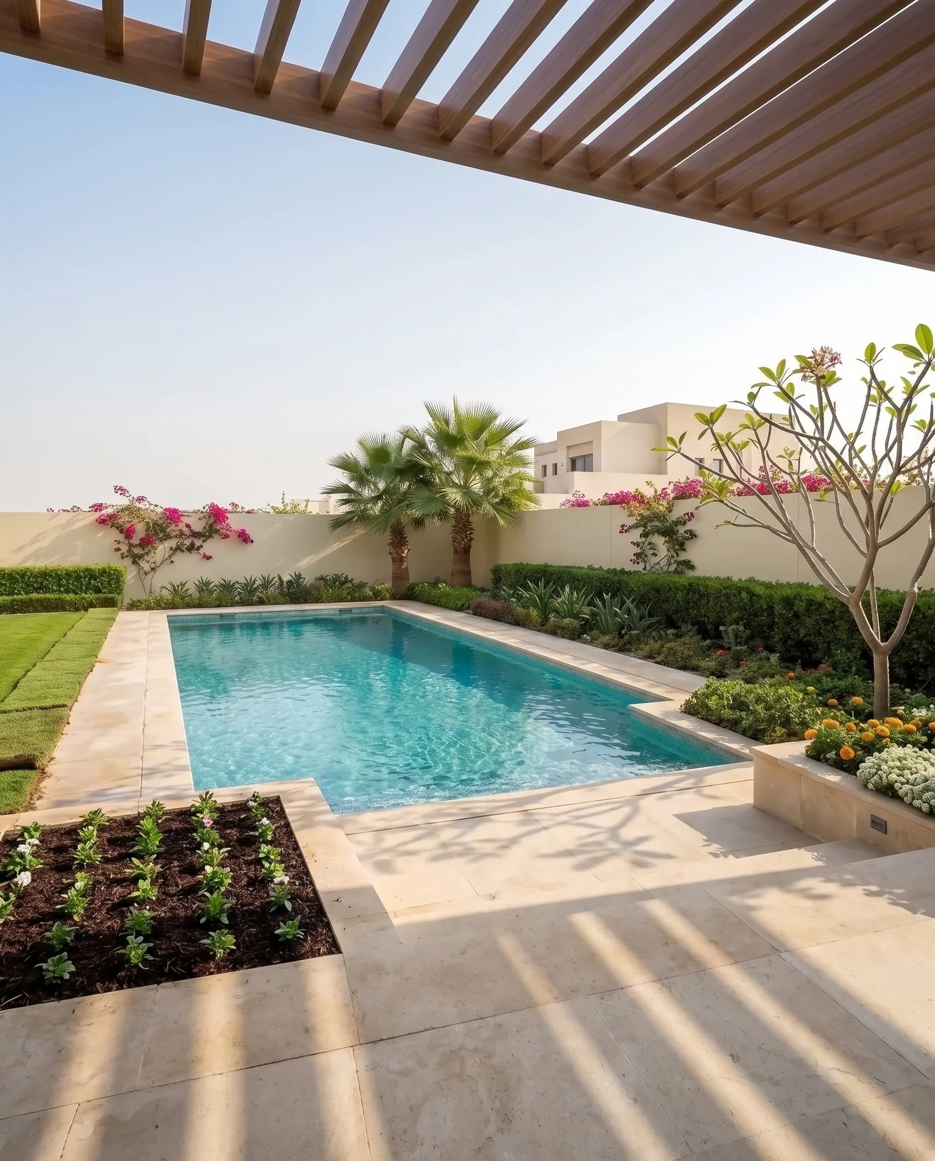 A Dubai villa garden in autumn: freshly planted beds of young seedlings in dark soil around the pool, a striped lawn and a bare frangipani in soft golden light