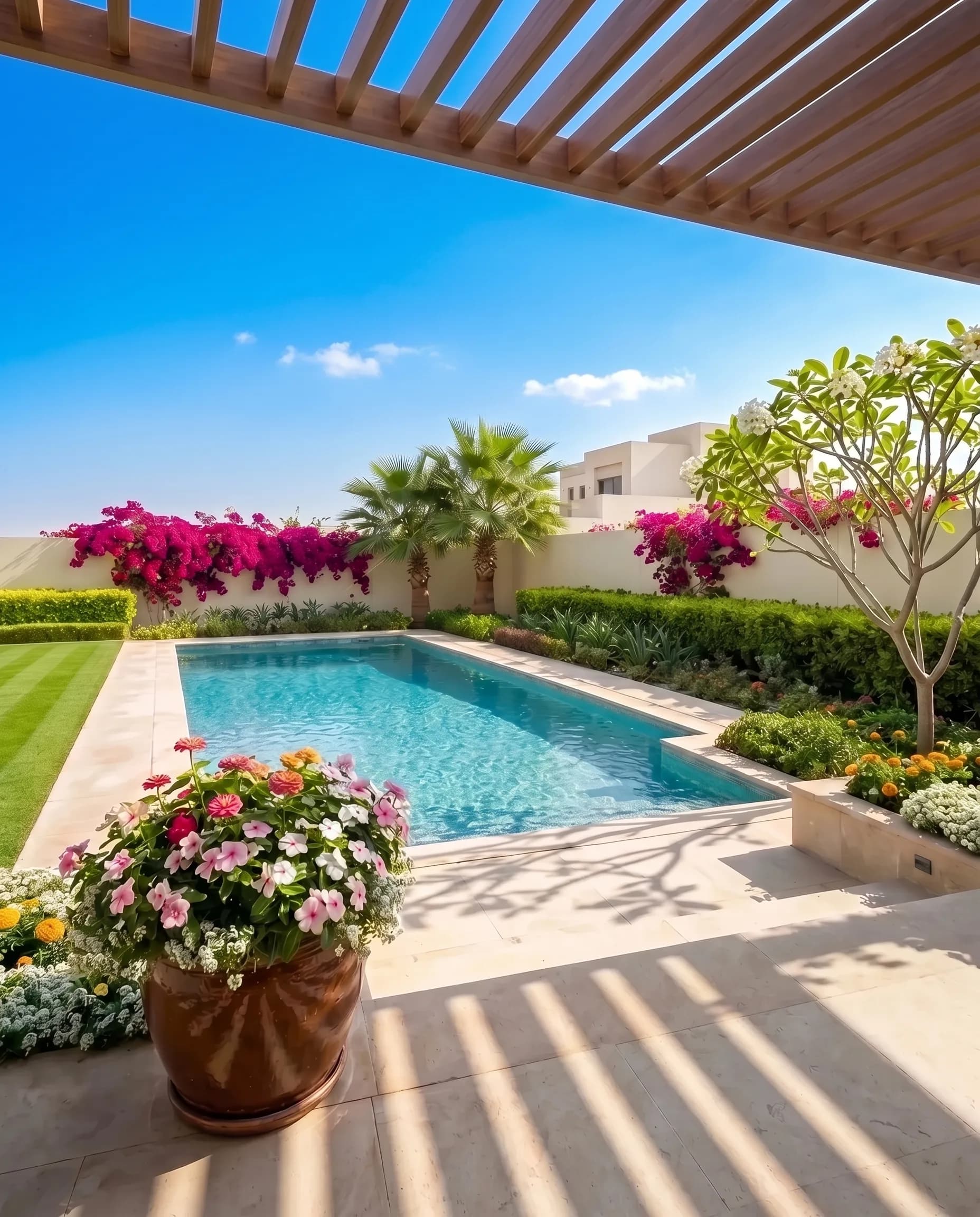 Vertical view of a fresh Dubai villa garden in the morning: the flowering frangipani and peak-bloom bougainvillea beside the travertine pool