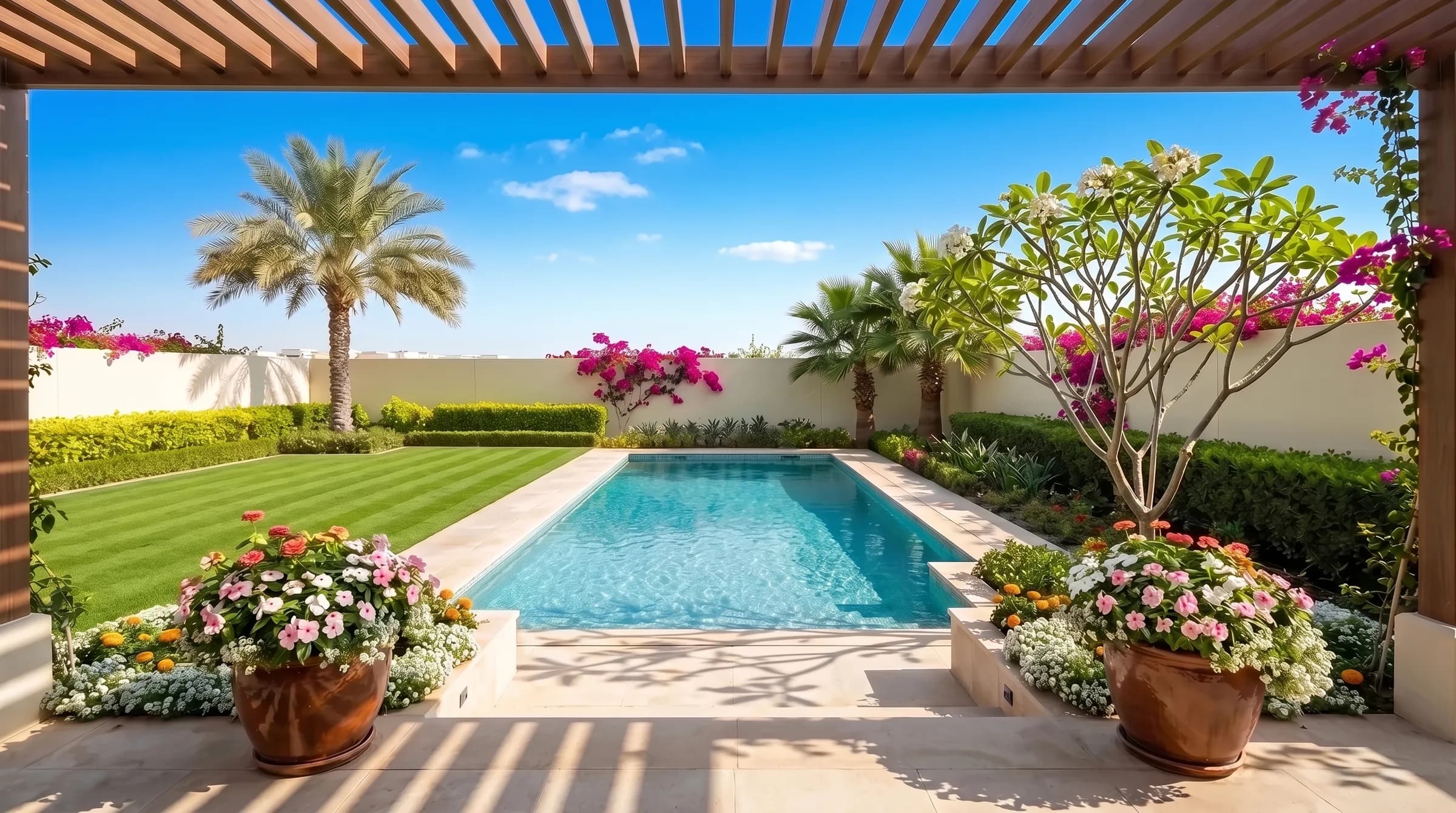 A fresh Dubai villa garden in the morning: a fully flowering frangipani and peak-bloom bougainvillea around a travertine pool in soft morning light