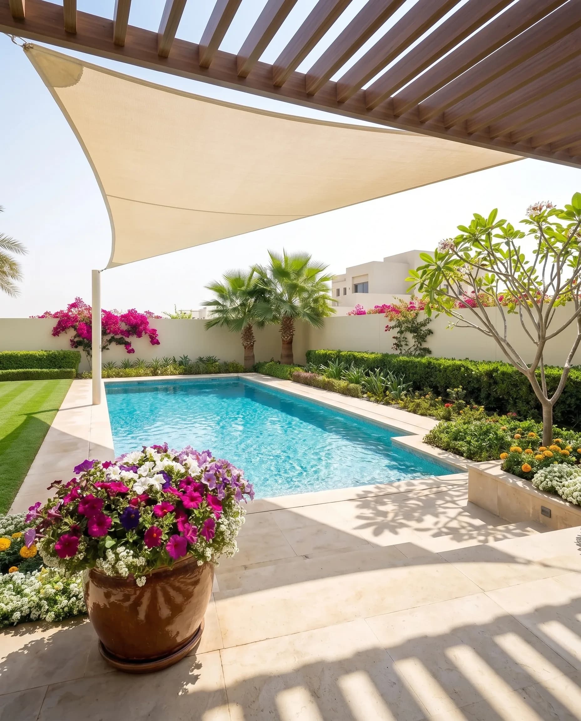 A Dubai villa garden in summer: a cream shade sail over the terrace, bougainvillea in bloom, a green lawn and flower-filled planters beside a bright turquoise pool