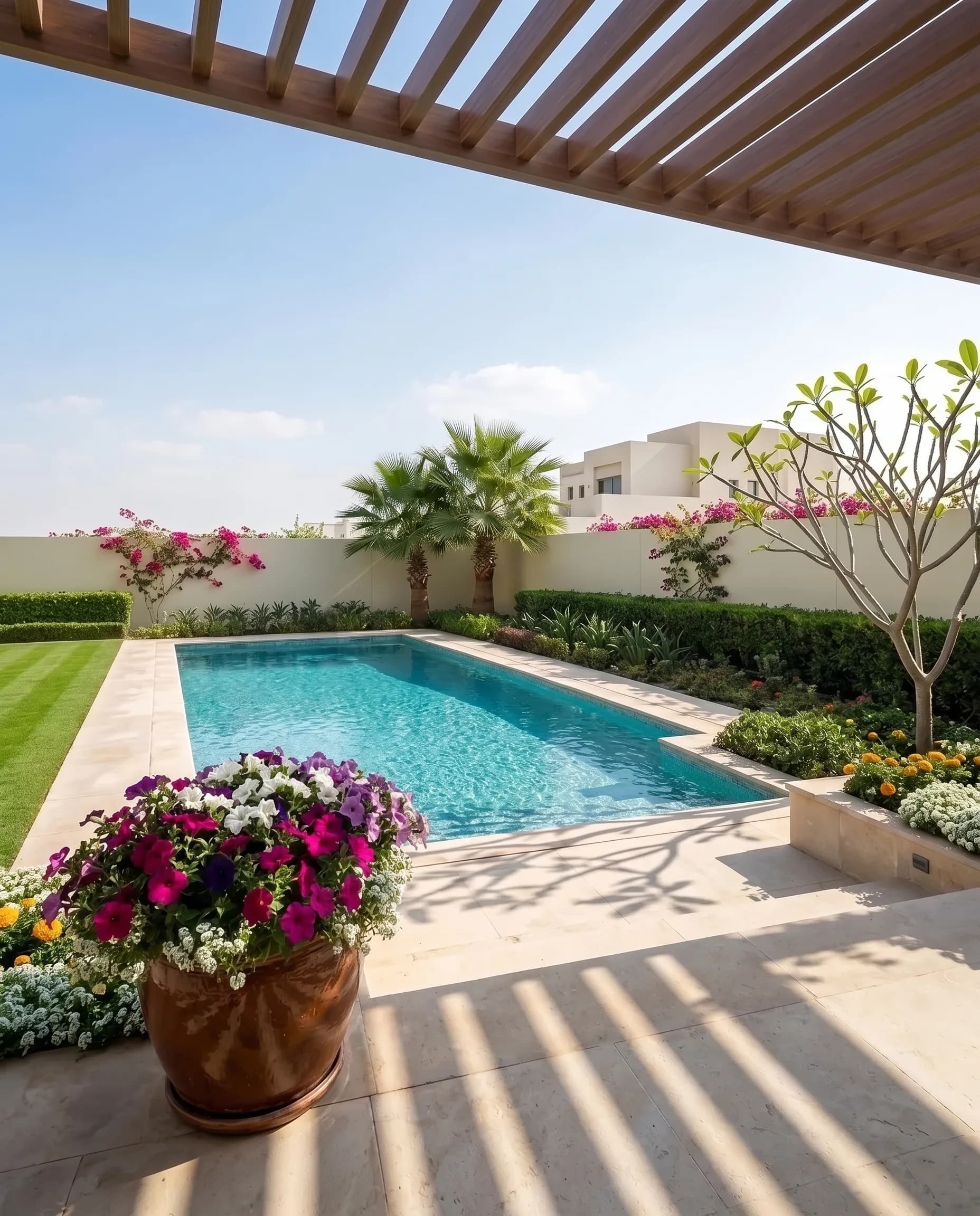 A Dubai villa garden in winter: a turquoise pool beside a striped green lawn, terracotta planters overflowing with petunias and white alyssum, and a bare-branched frangipani under a clear sky