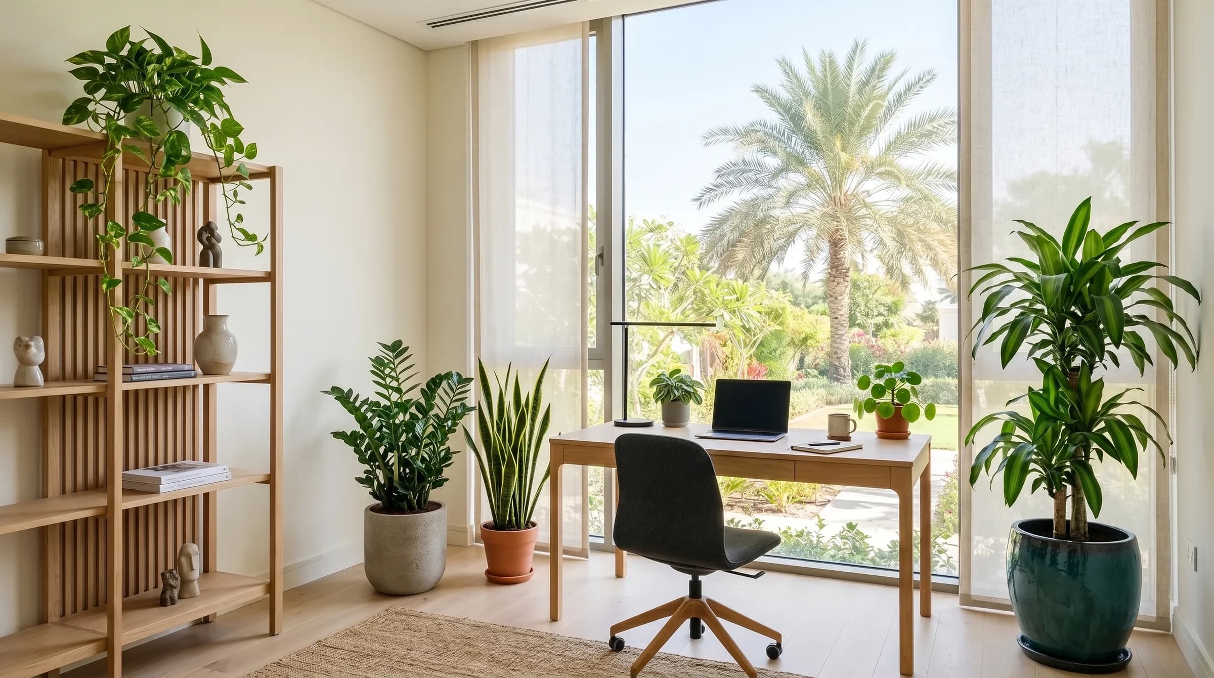 A bright home office in a Dubai villa with trailing pothos on shelves, a ZZ plant, snake plant and a Chinese money plant on the desk