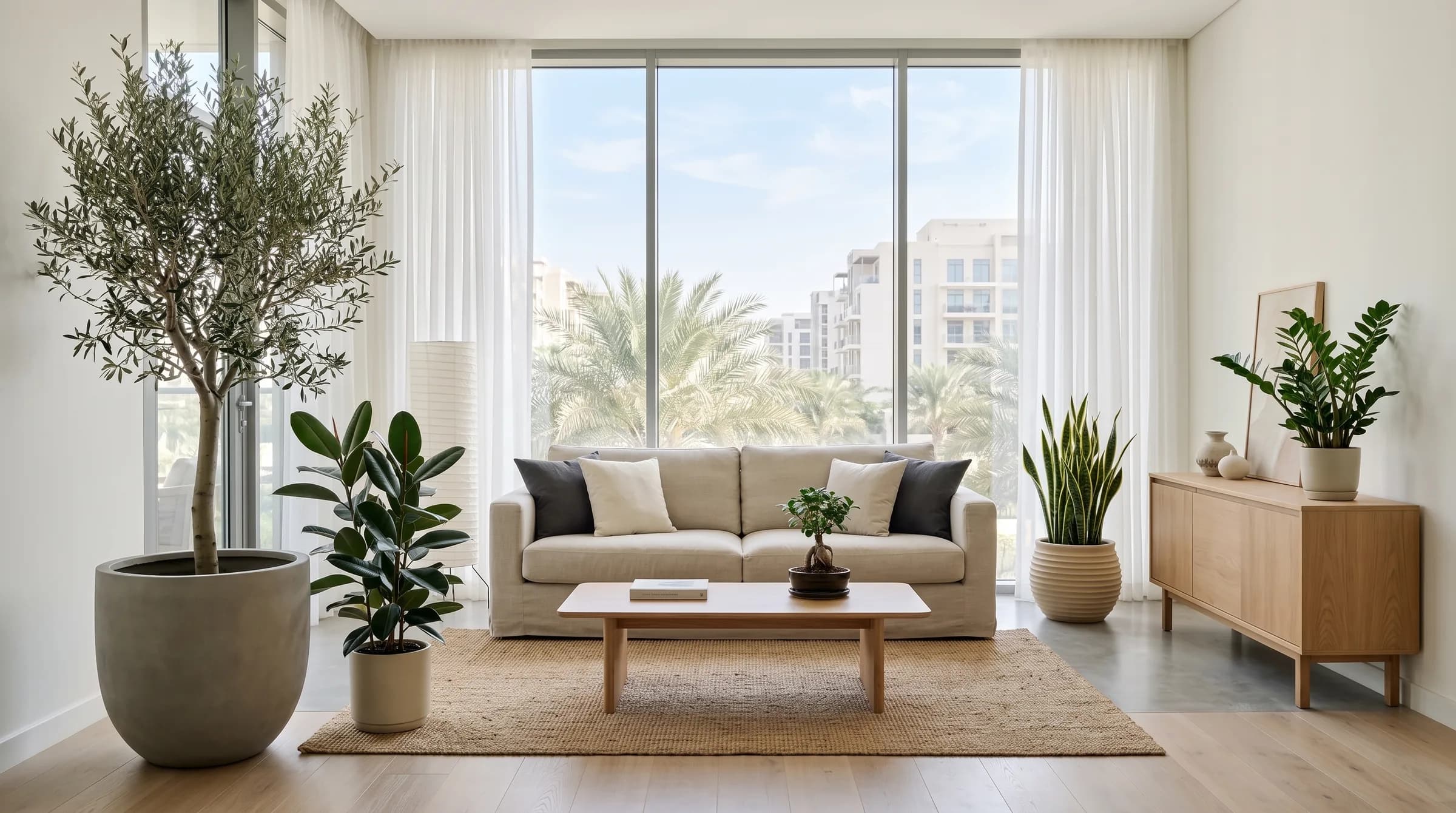 A calm Japandi living room in a Dubai apartment with an olive tree, rubber plant, snake plant and a ficus bonsai