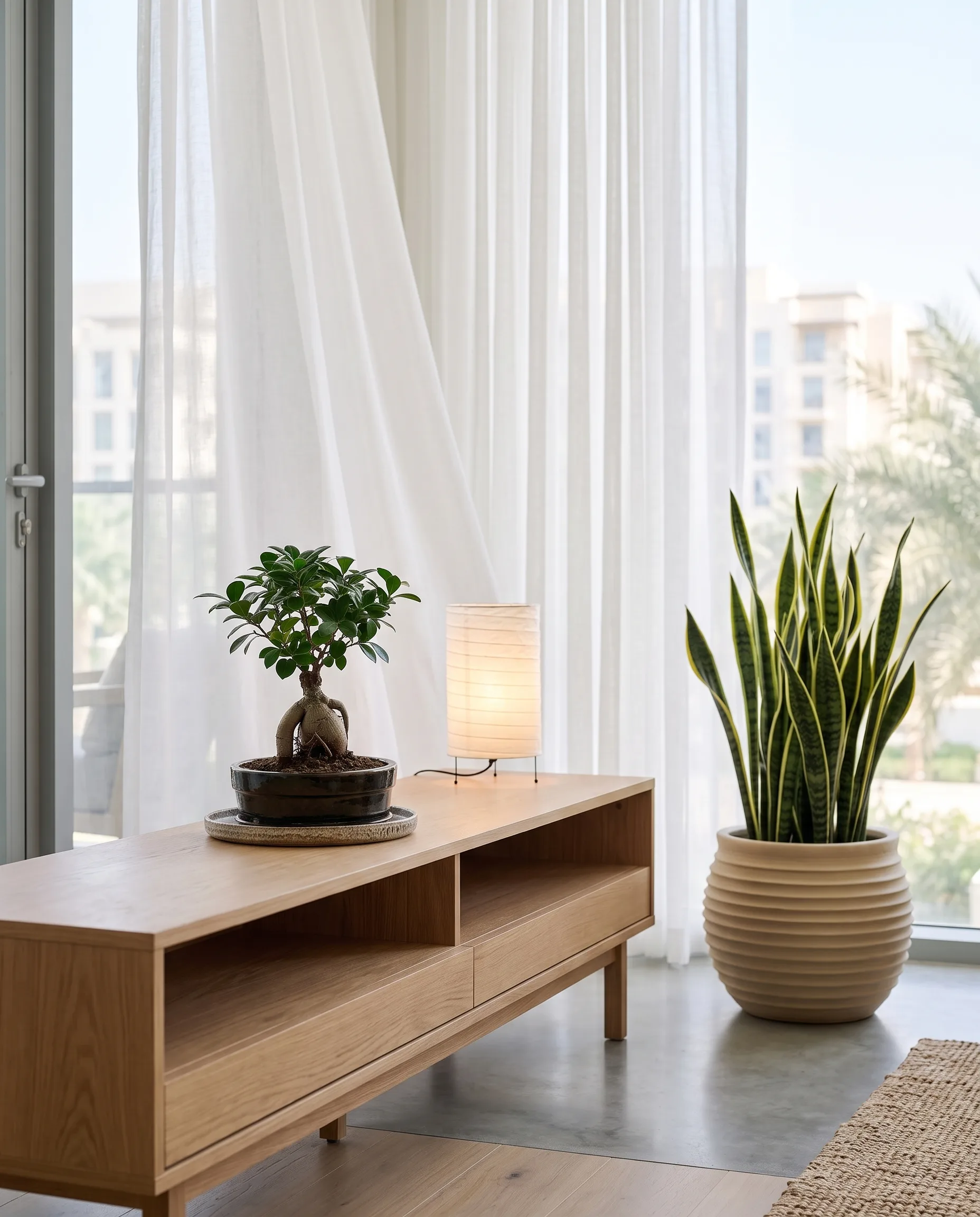 A quiet Japandi corner in a Dubai apartment with a ficus ginseng bonsai on an oak console and a snake plant beside a paper lamp