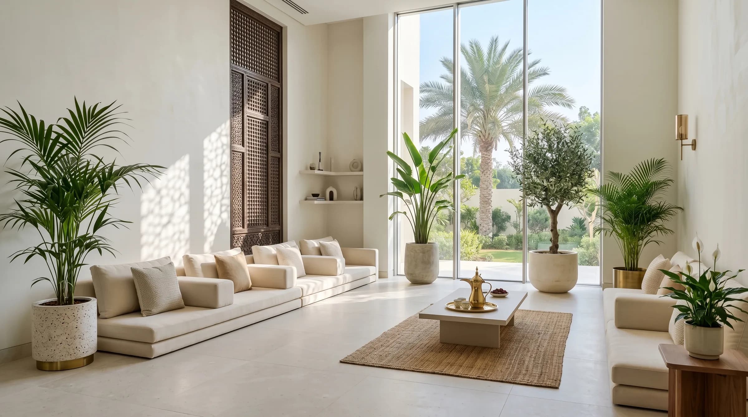 A modern majlis in a Dubai villa with kentia and areca palms in brass planters, an olive tree and a mashrabiya screen