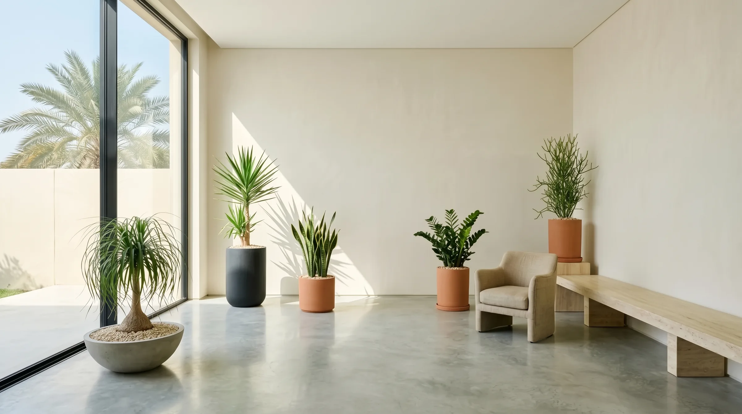 A sculptural minimal Dubai villa room with a ponytail palm, spineless yucca, snake plant and ZZ plant in concrete and terracotta pots