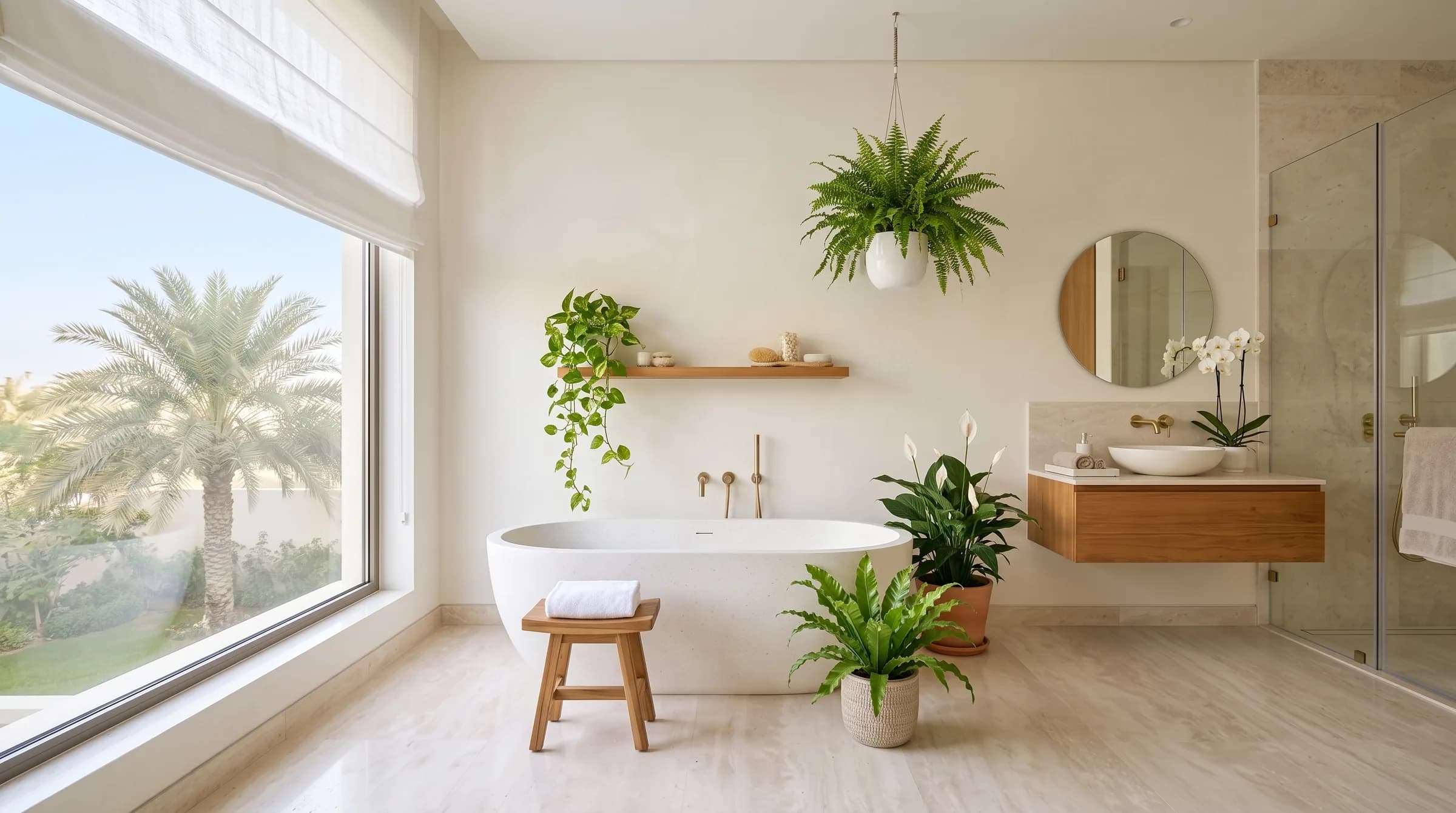 A spa-like Dubai villa bathroom with a stone bath, hanging Boston fern, bird's nest fern, trailing pothos and a white orchid