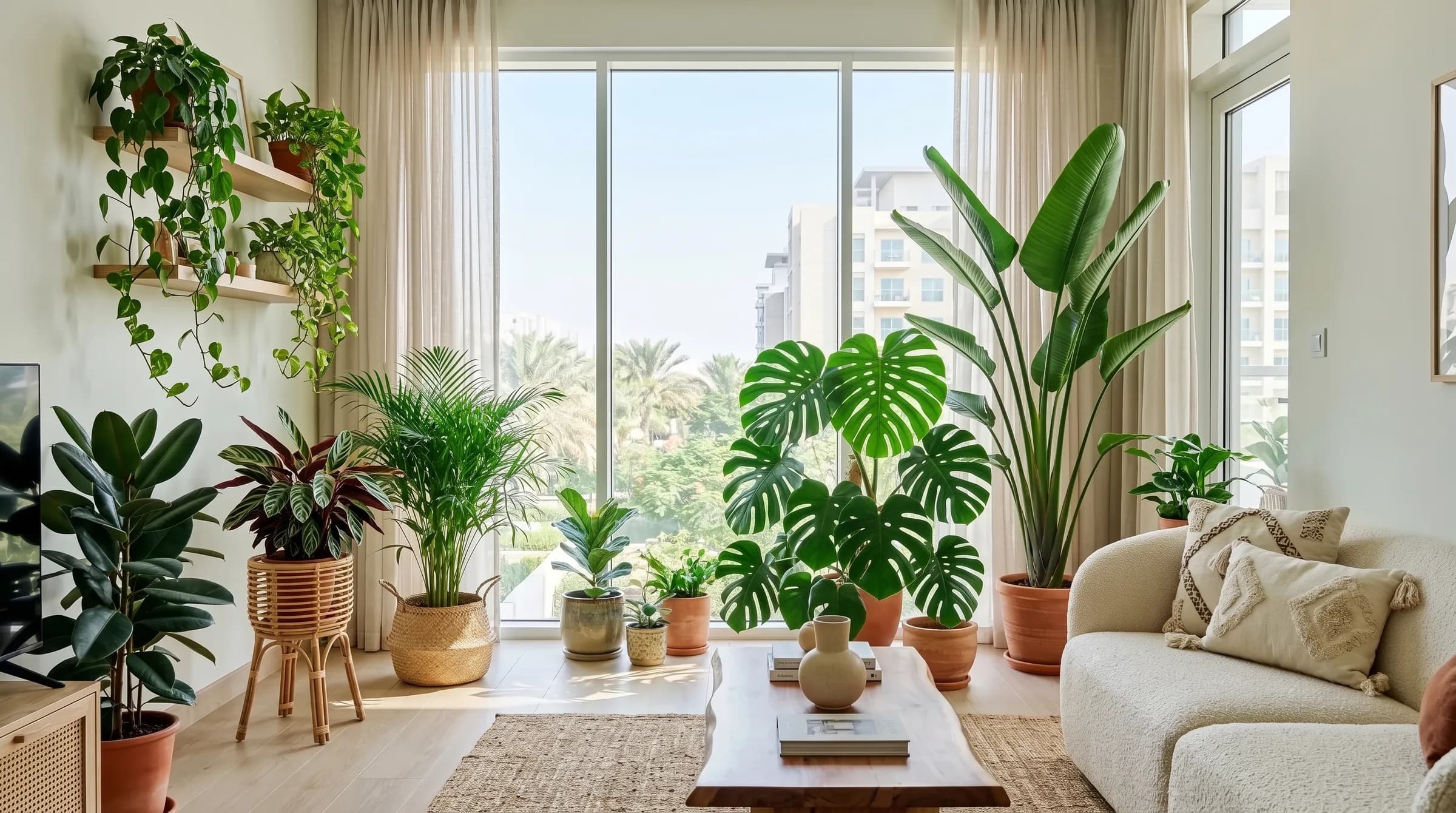 An urban-jungle living room in a Dubai apartment with a monstera, bird of paradise, areca palm and trailing pothos on timber shelves