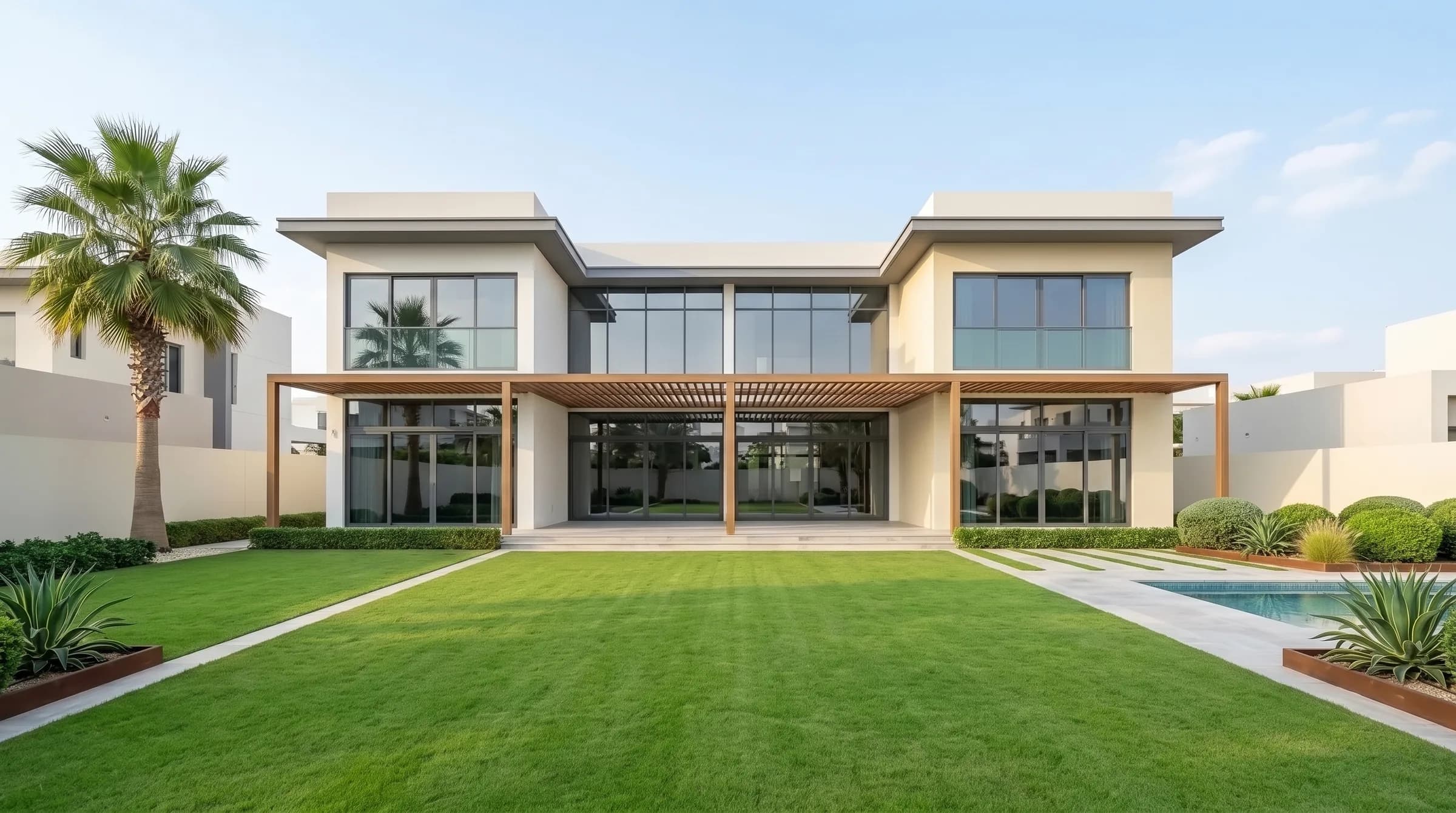 Straight-on facade of the signature Dubai villa: white/cream two-storey render, floor-to-ceiling glass, a timber pergola terrace and an empty lawn