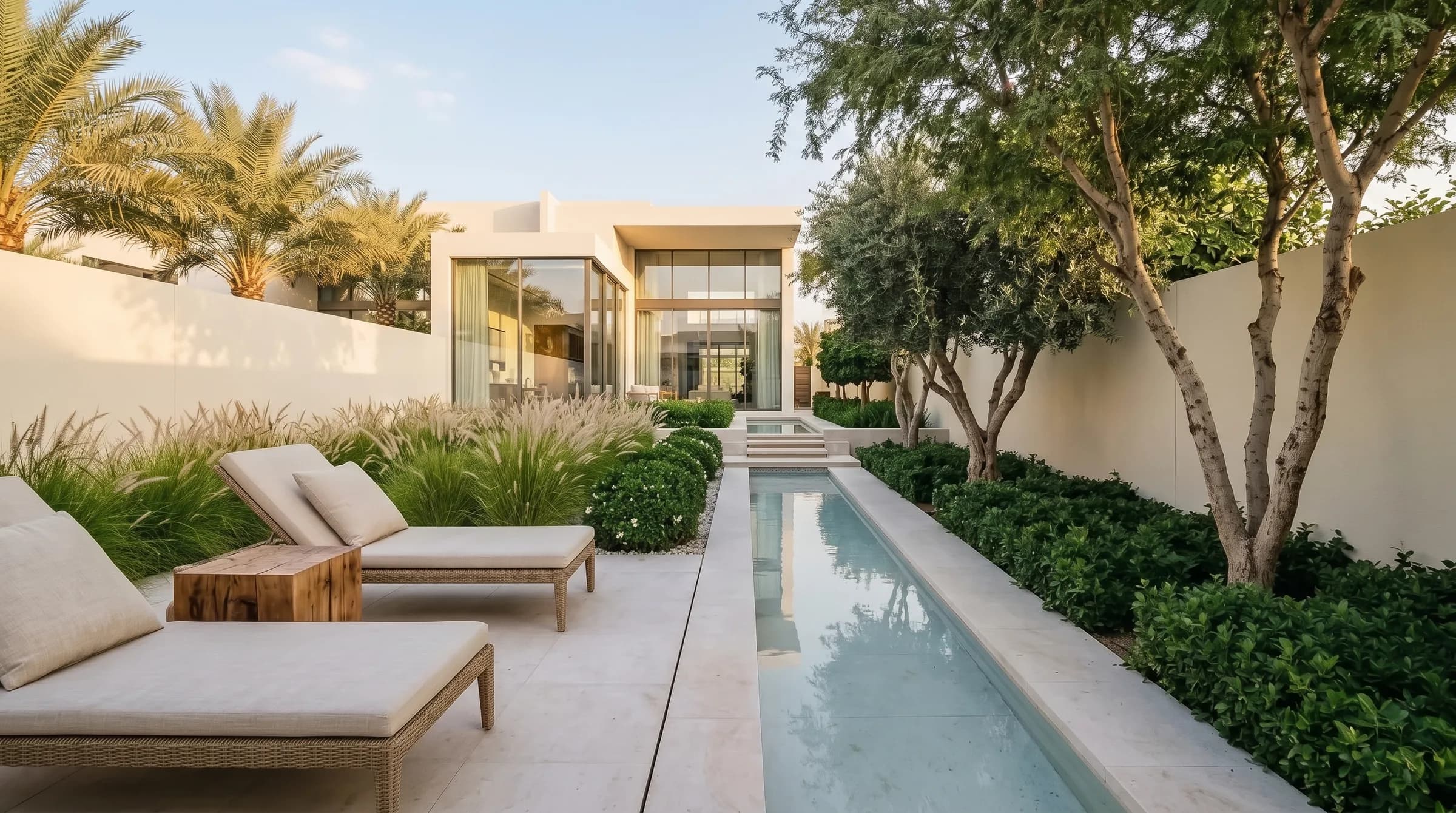 Daytime twin of the villa garden lighting hero: the same lit-rill camera position in soft late-afternoon sun with the lights off and a clear pale-blue sky