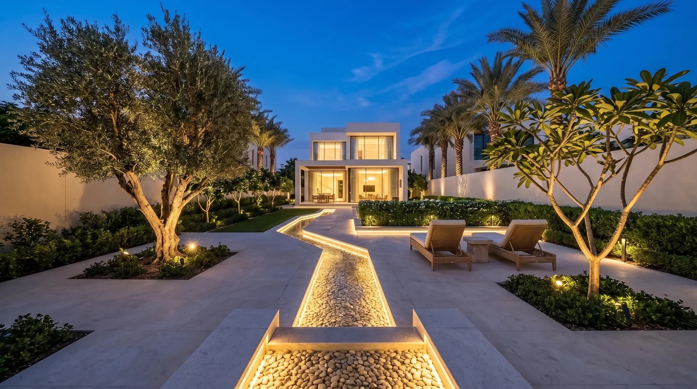Reverse-angle blue-hour view from a lit stone cascade back toward a Dubai villa's glowing glass wall, with an uplit olive and frangipani framing the lit rill