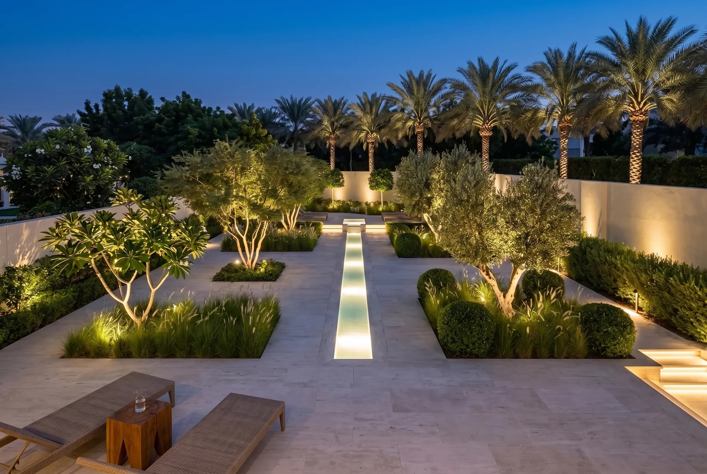 Elevated three-quarter overview of a Dubai villa garden at blue hour: a luminous lit rill, glowing uplit tree canopies and a grazed boundary wall lined with palms