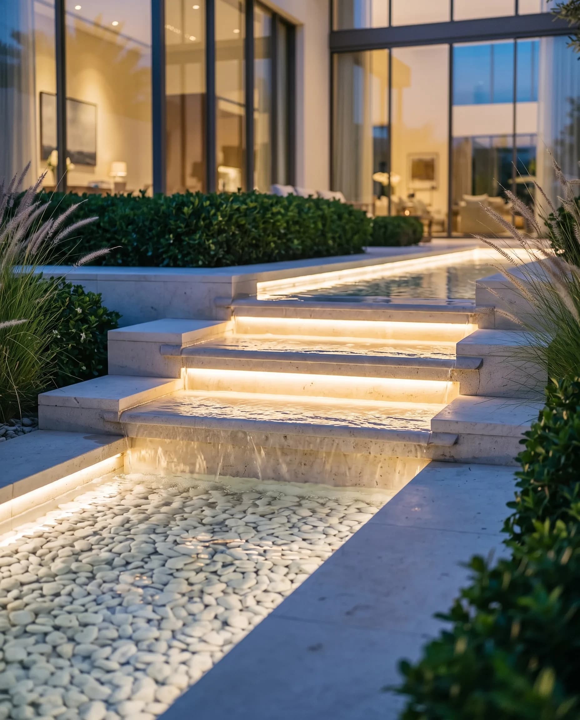Close-up of water spilling over a lit stone cascade at blue hour, with uplit tree reflections shimmering in the rill below