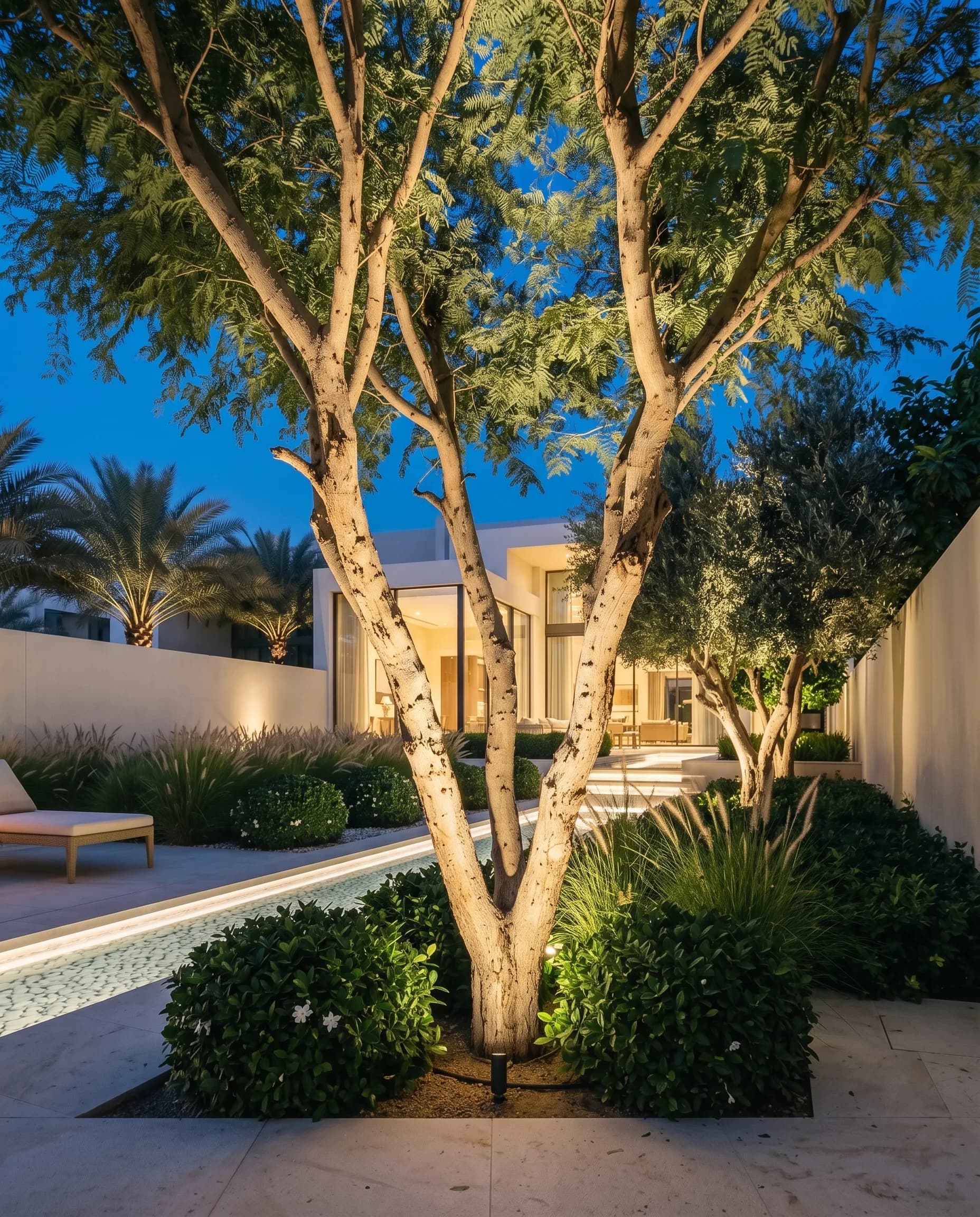 Low-angle blue-hour detail of an uplit multi-stem Ghaf tree, its feathery canopy glowing against the sky above lit underplanting