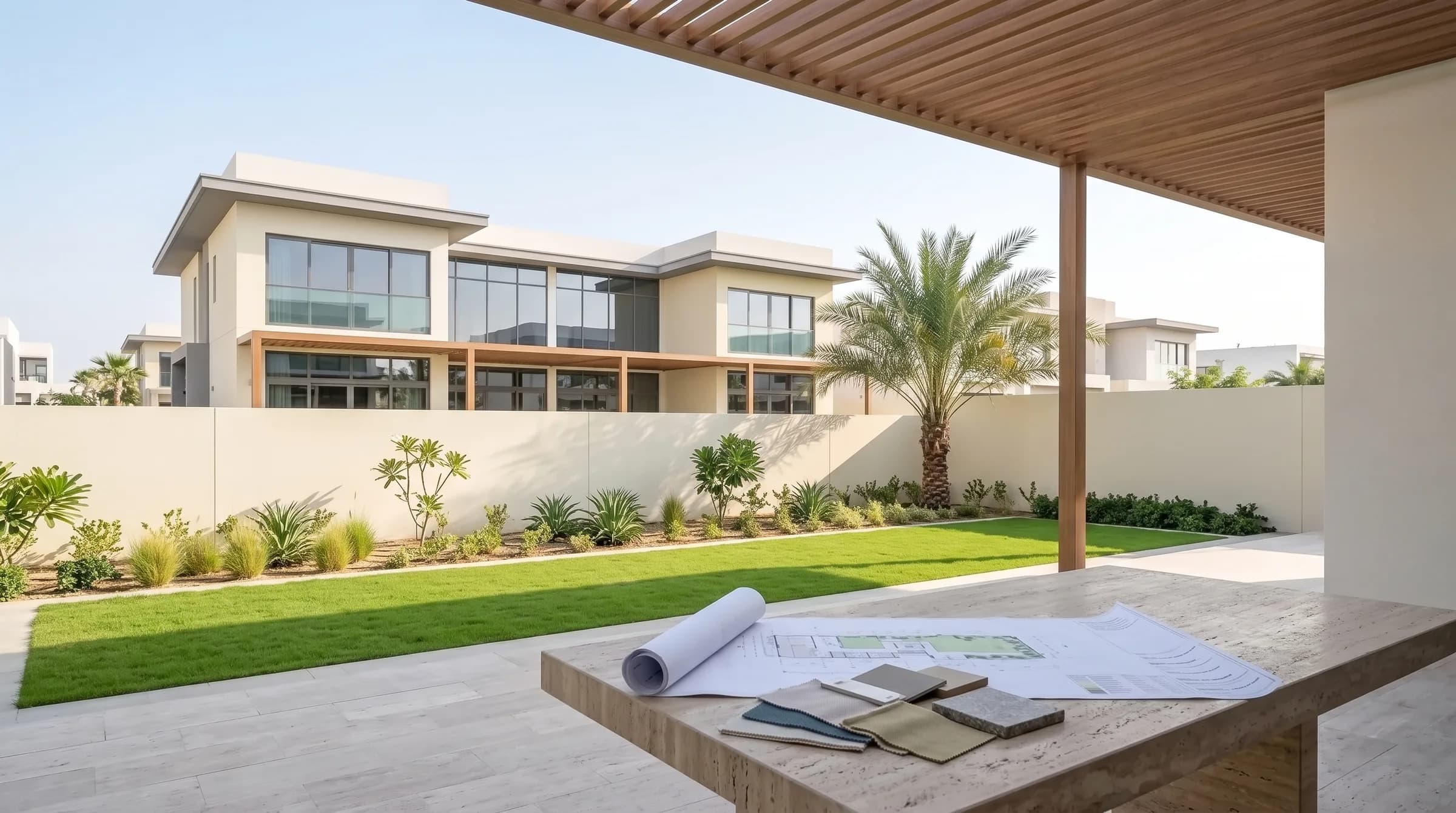 Garden-design hero: a landscape plan and plant-palette swatches on a shaded terrace table overlooking a newly planted garden
