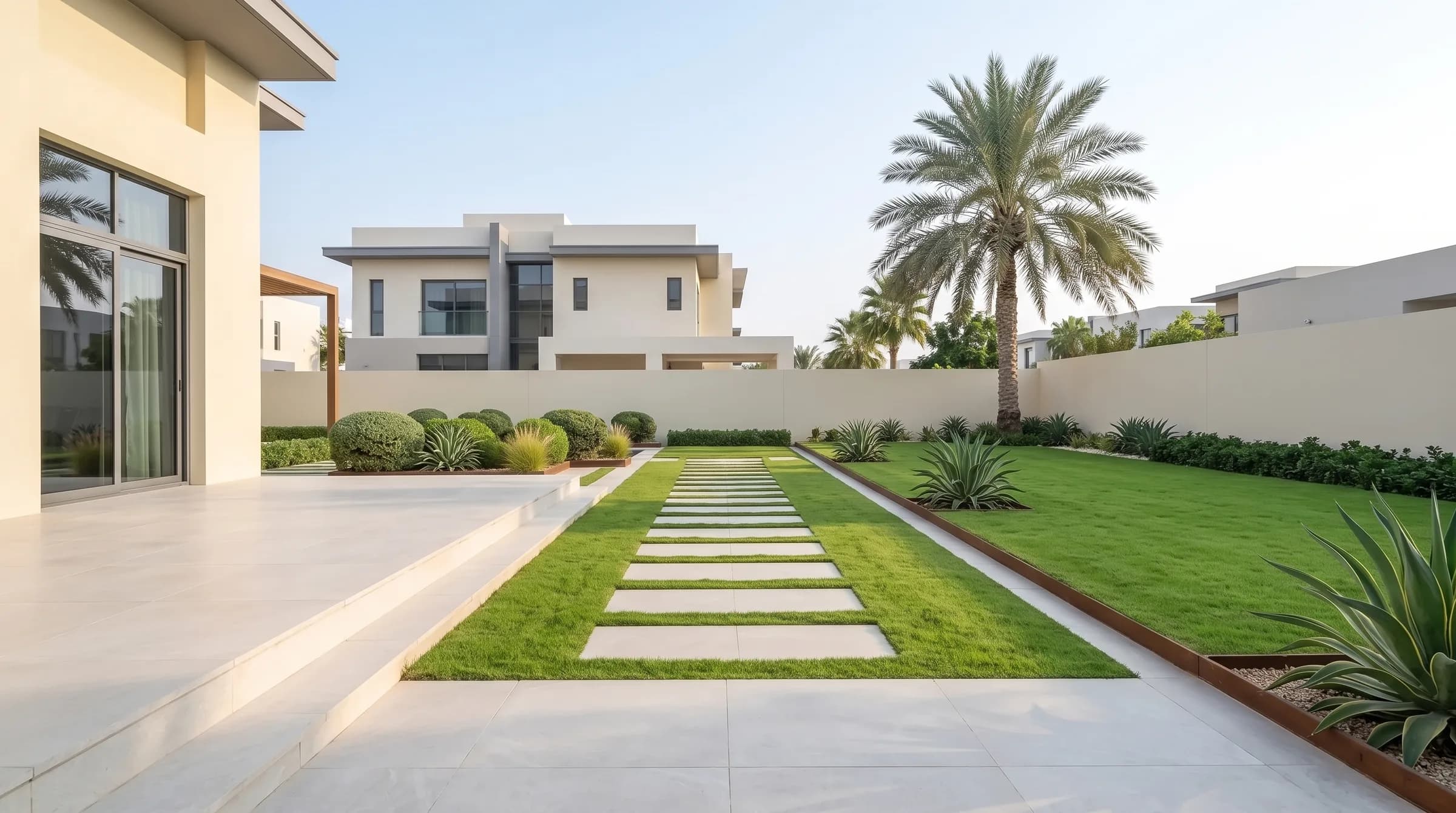Hardscape hero: a large-format porcelain terrace stepping down to stone pads set into turf, framed by a cream villa and a date palm