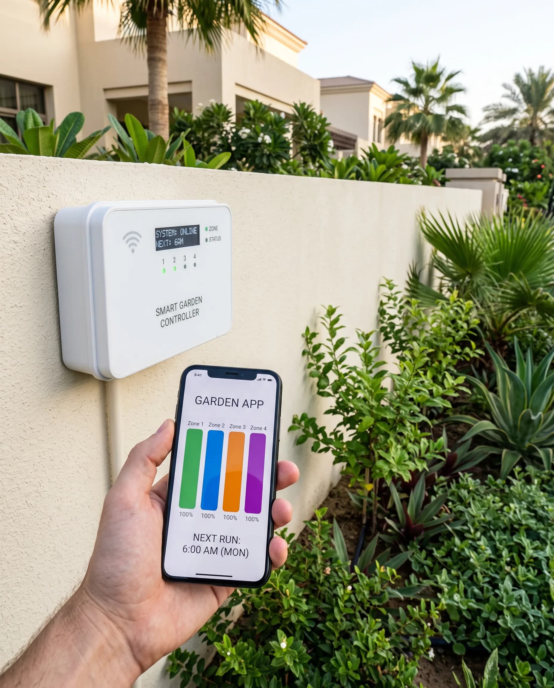 A white Wi-Fi irrigation controller on a cream wall beside dew-fresh planting, with a hand holding a phone showing a garden app's zone schedule