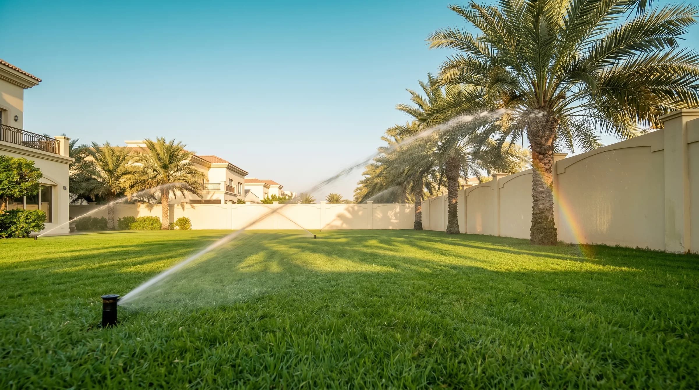 Wide villa lawn at sunrise with rotor sprinkler arcs throwing a faint rainbow, date palms along a cream boundary wall and long soft shadows