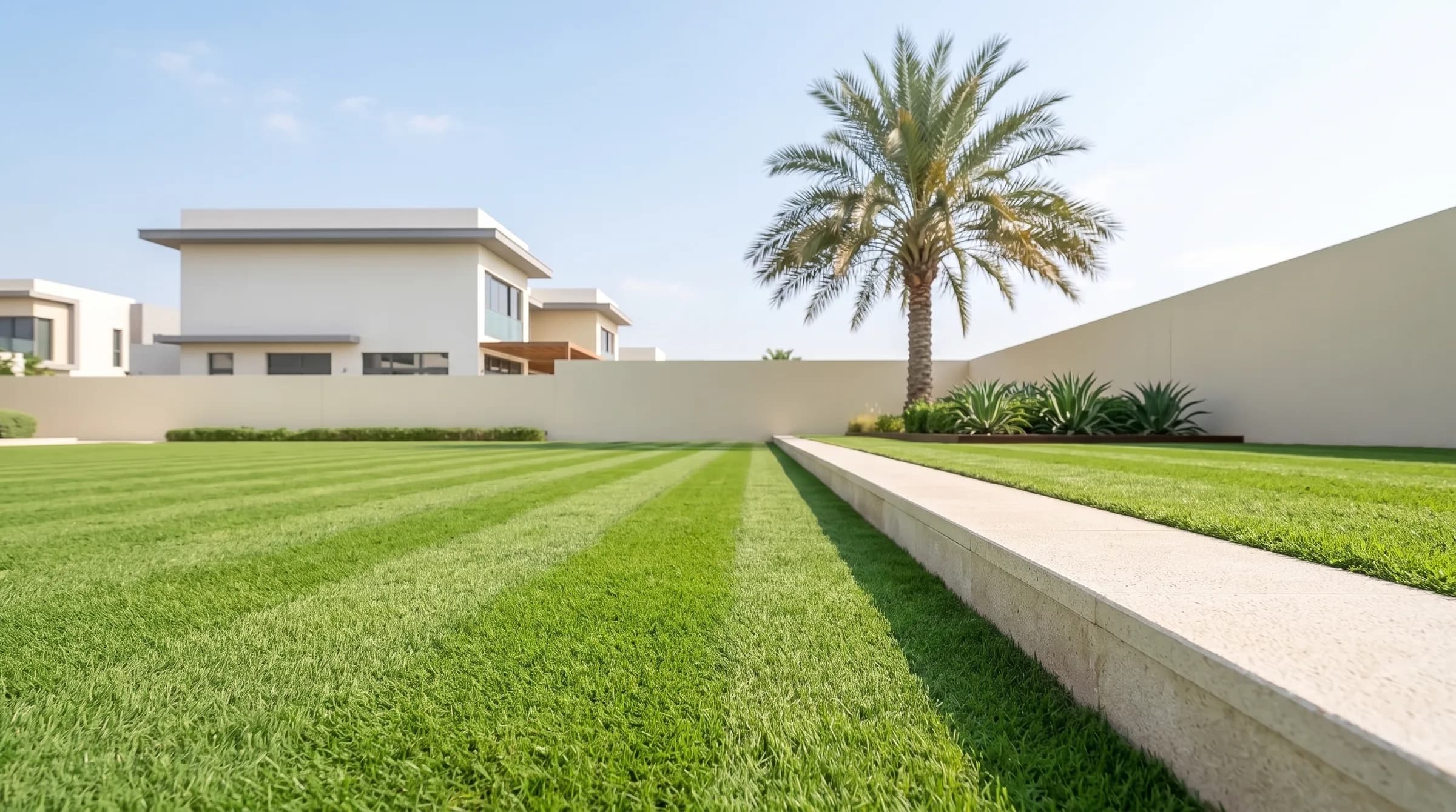 Lawns hero: a flawless striped seashore-paspalum lawn meeting a crisp limestone kerb edge in a Dubai villa garden