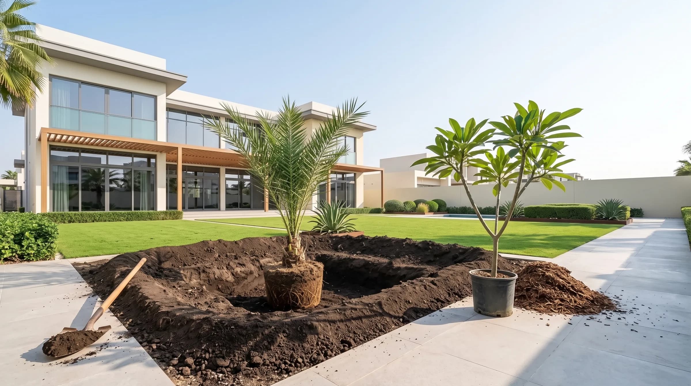 Planting hero: a young date palm root ball and a staged frangipani specimen beside a freshly prepared planting pit