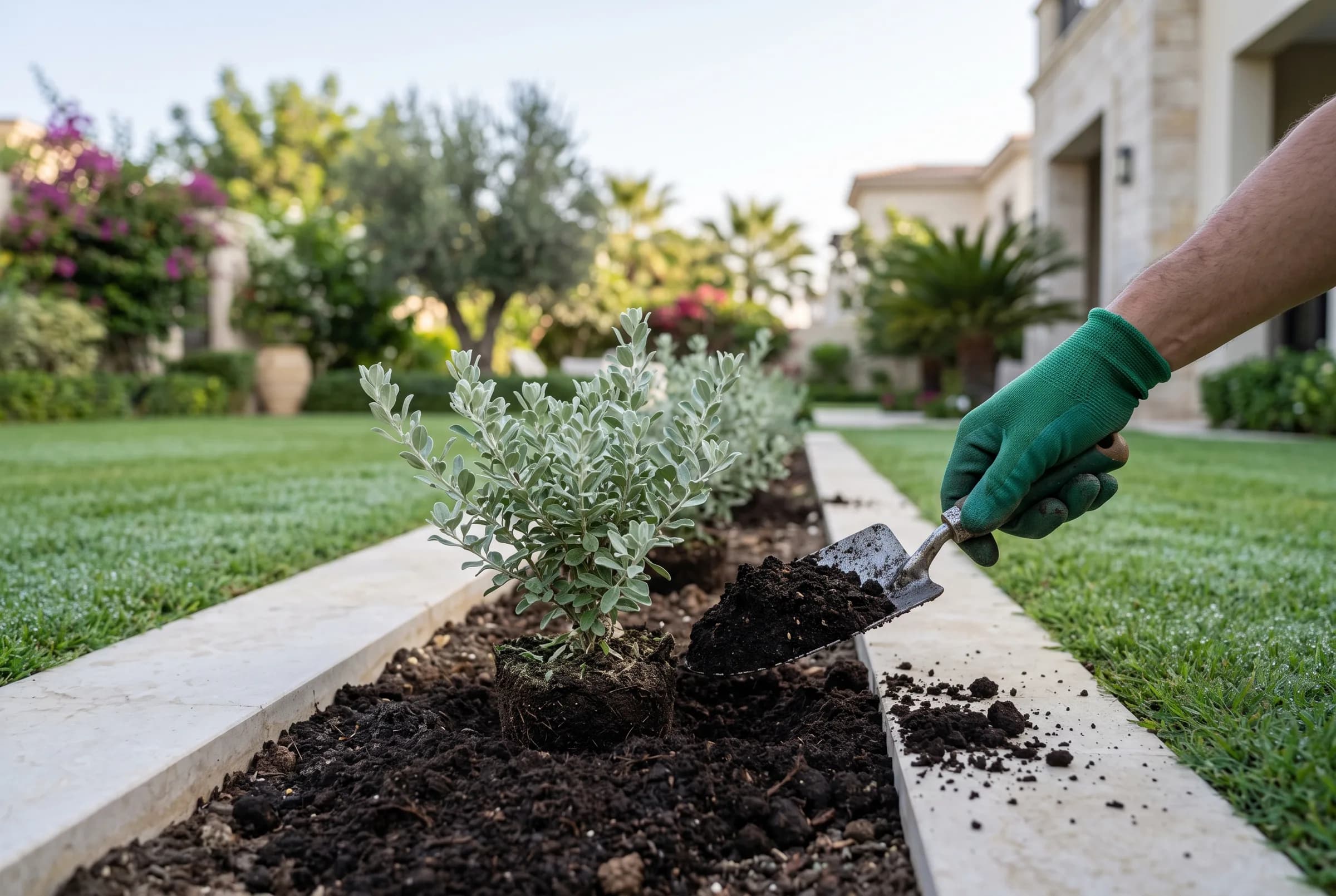 A gloved hand using a trowel to work dark compost around a young texas sage being planted in a Dubai villa garden bed