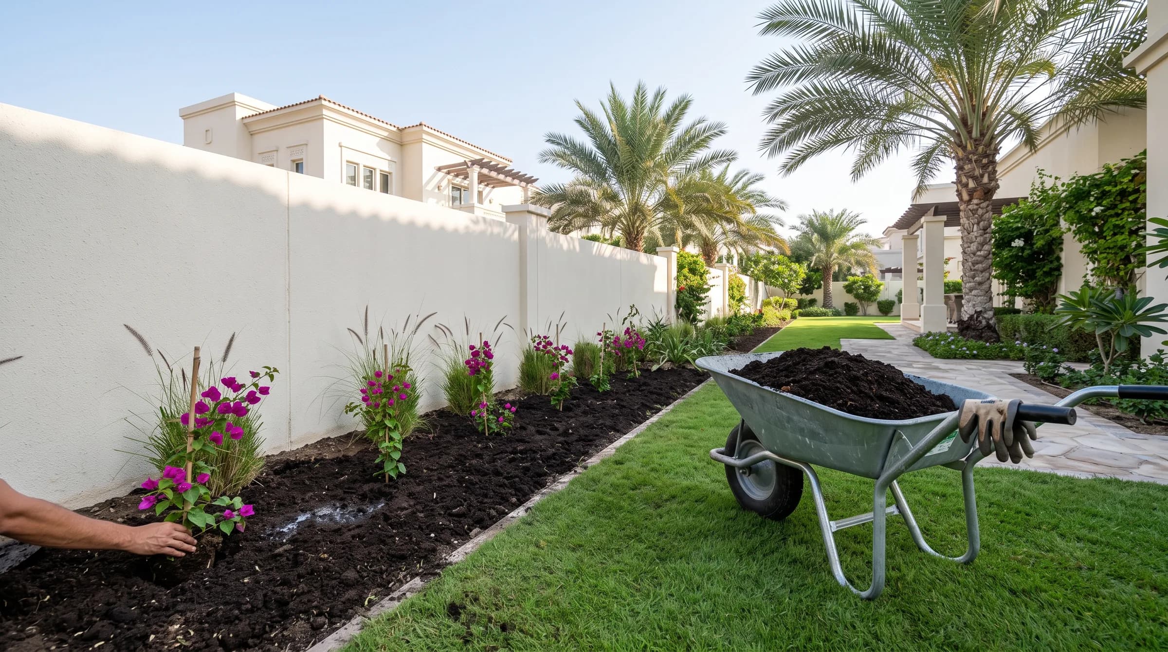 A wheelbarrow of dark compost beside a long freshly amended bed being planted with bougainvillea and grasses along a Dubai villa boundary wall