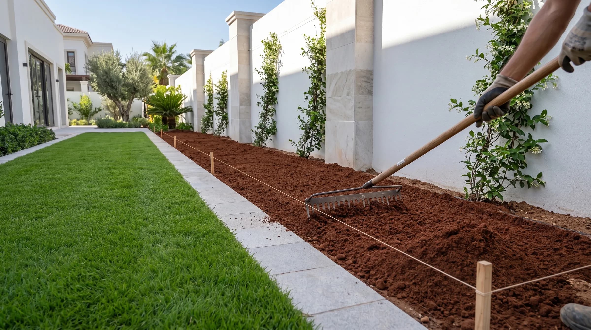 A rake levelling fresh reddish-brown sweet soil to a string line in a new bed along a white villa wall in Dubai
