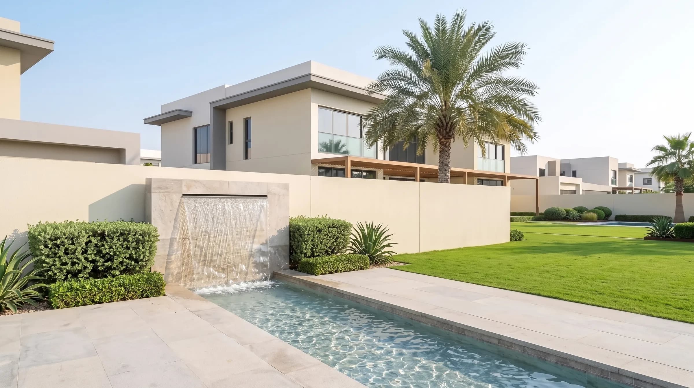 Water-features hero: a contemporary stone water wall feeding a clear sparkling rill across pale stone paving