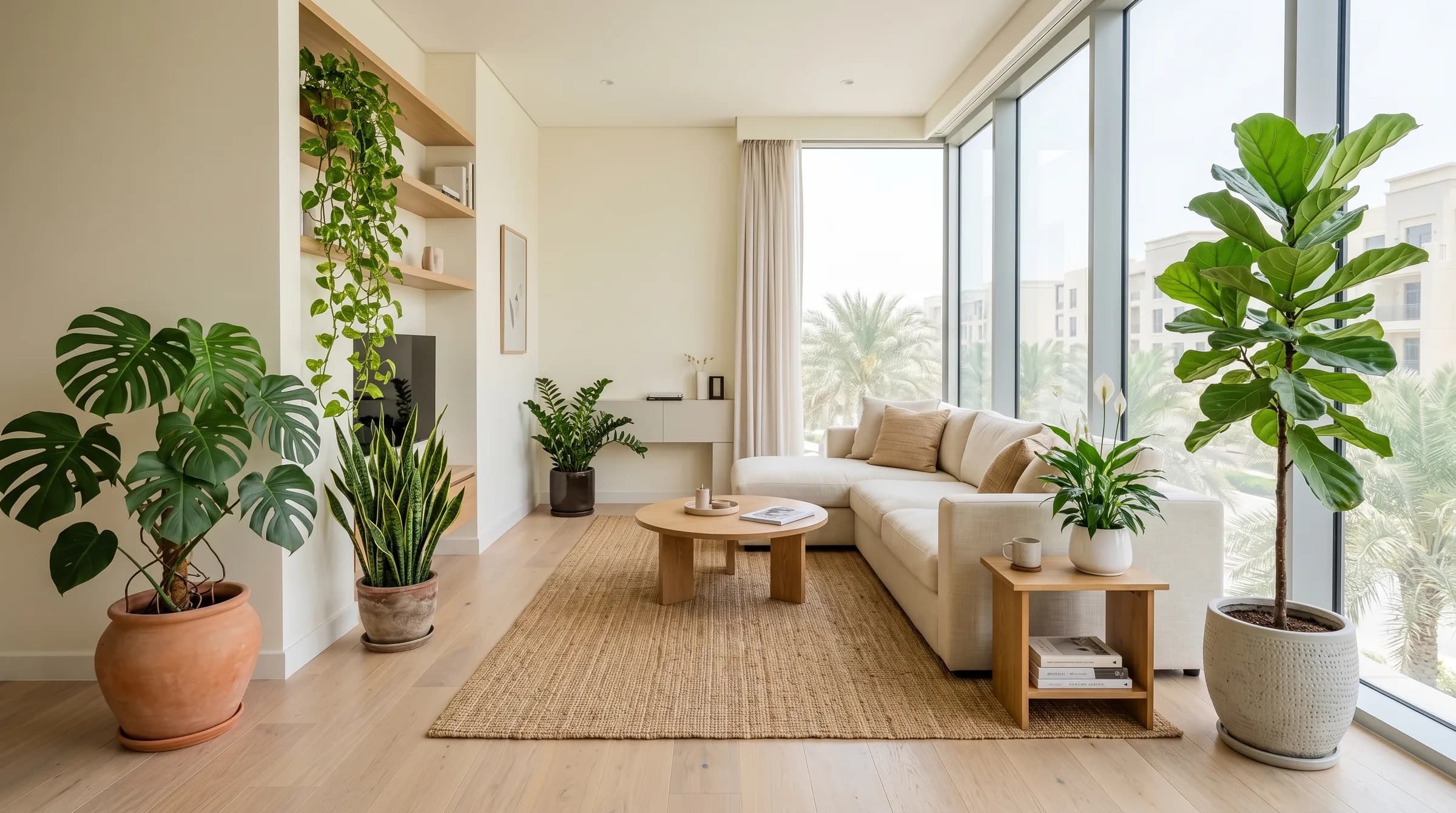 A bright Dubai living room with a monstera, fiddle-leaf fig, snake plant and trailing pothos by floor-to-ceiling windows