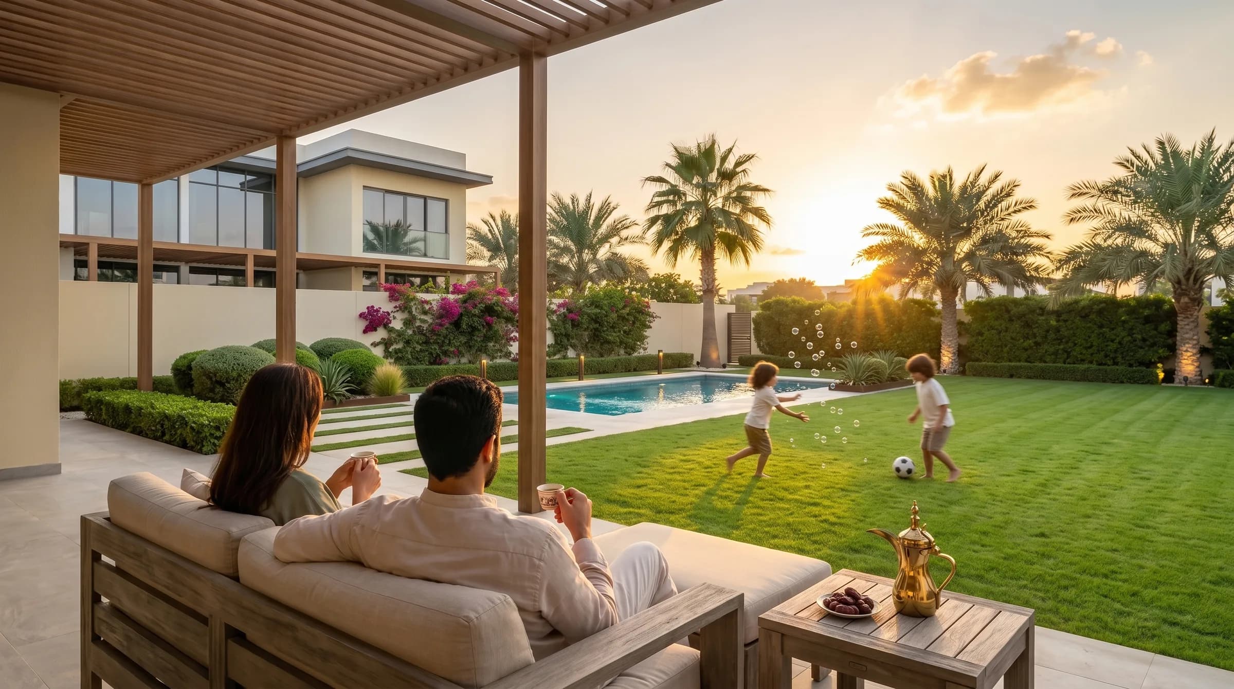 A family evening in a well-kept Dubai villa garden: parents with coffee on a pergola terrace while two children play on the striped lawn by the pool at golden hour