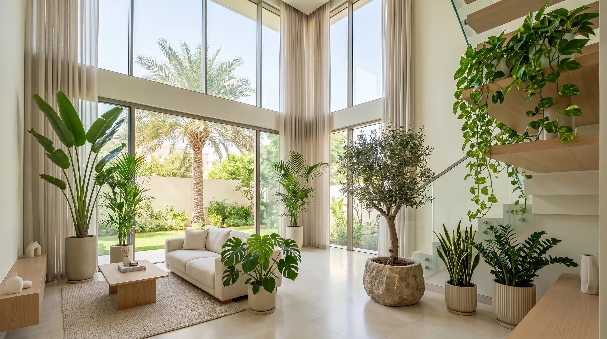 A bright double-height Dubai villa living room with a bird of paradise, kentia palm, olive tree, monstera and trailing pothos
