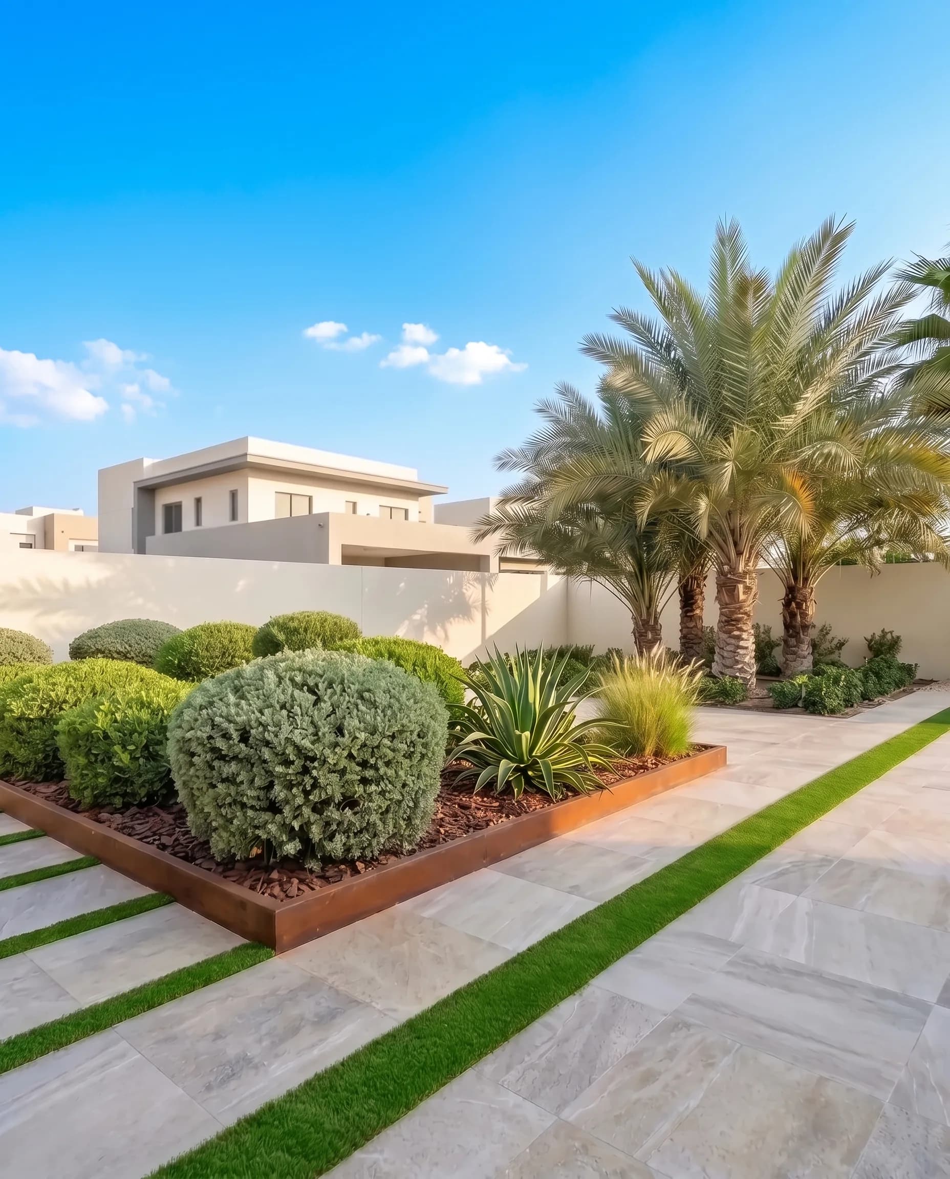 Vertical view of a desert-modern Dubai villa garden: porcelain paving with turf strips, a corten planter of clipped shrubs and date palms