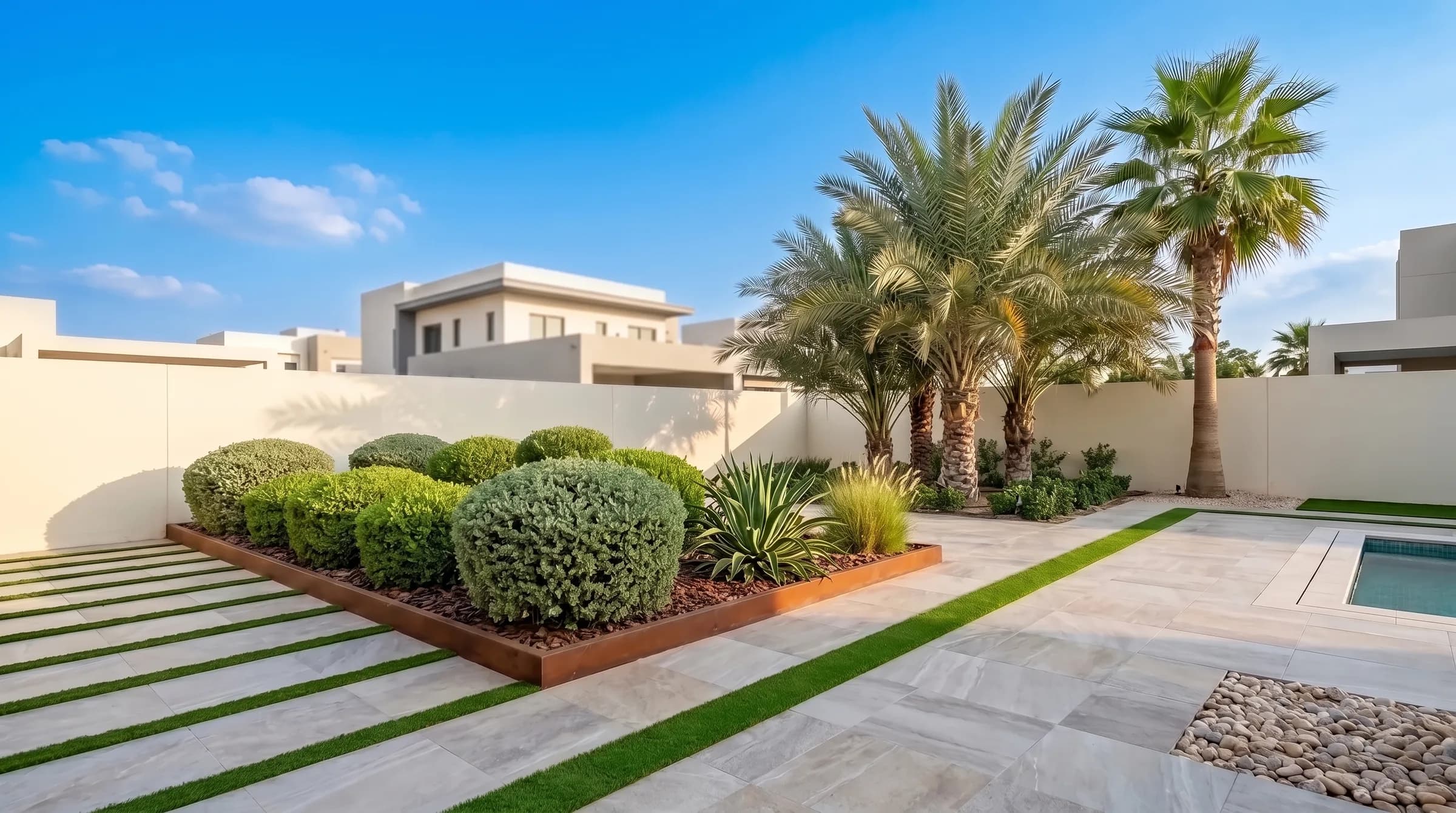 Desert-modern Dubai villa garden hero: large-format tiled paving with artificial-grass strips, palms and clipped shrubs by a rendered wall