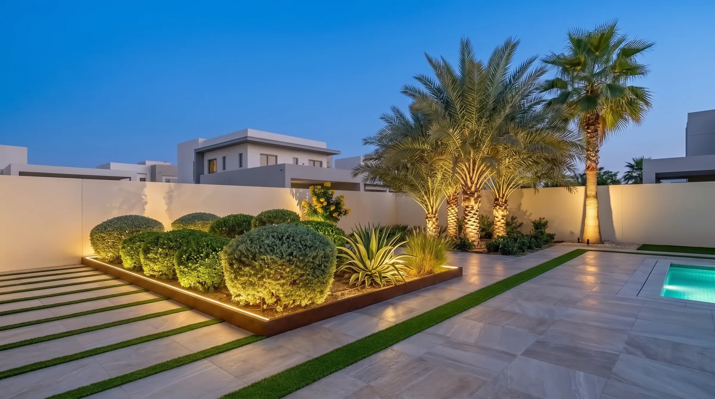 Desert-modern Dubai villa garden at blue hour: uplit date palm and washingtonia silhouette over tiled paving with artificial-grass strips