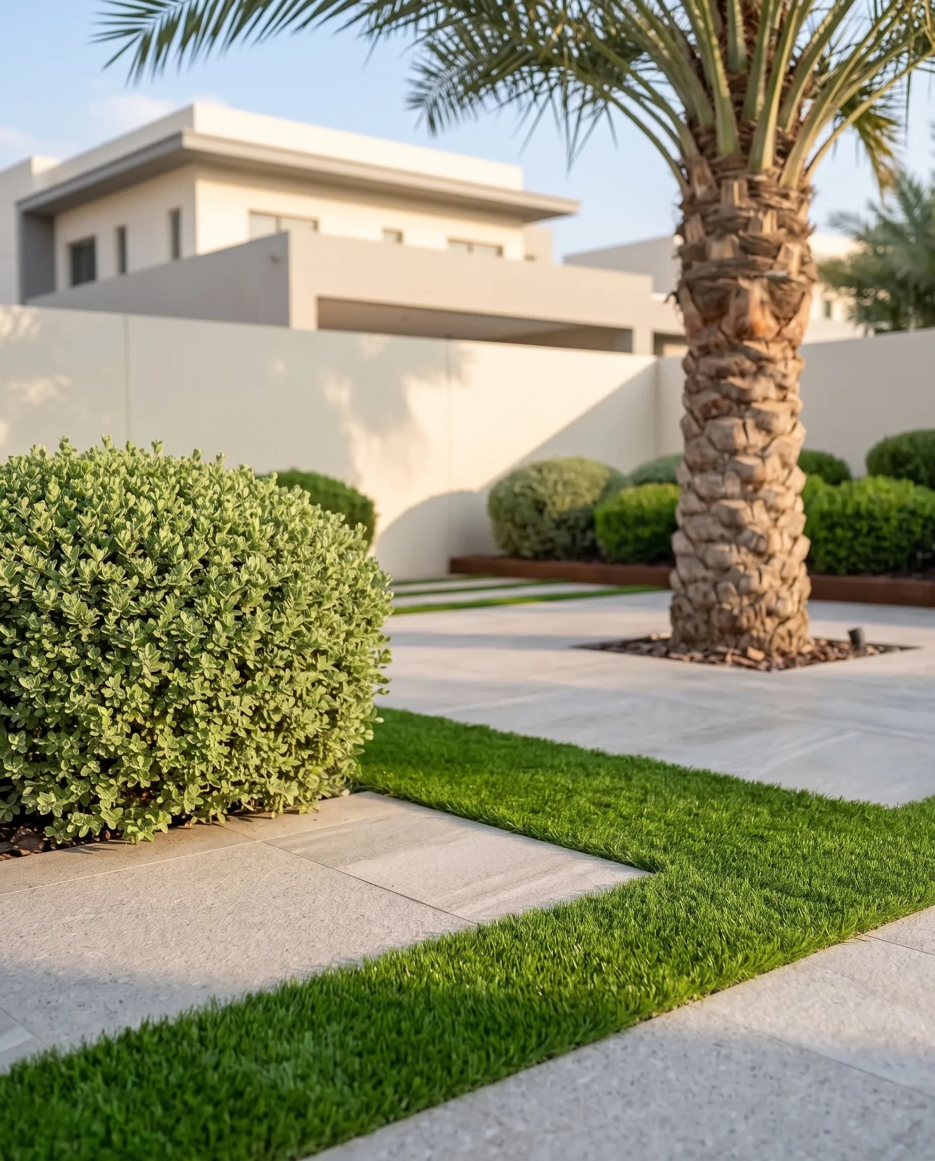 Vignette of a desert-modern Dubai villa garden: tile band, artificial-grass joint strip, palm trunk base and a clipped shrub