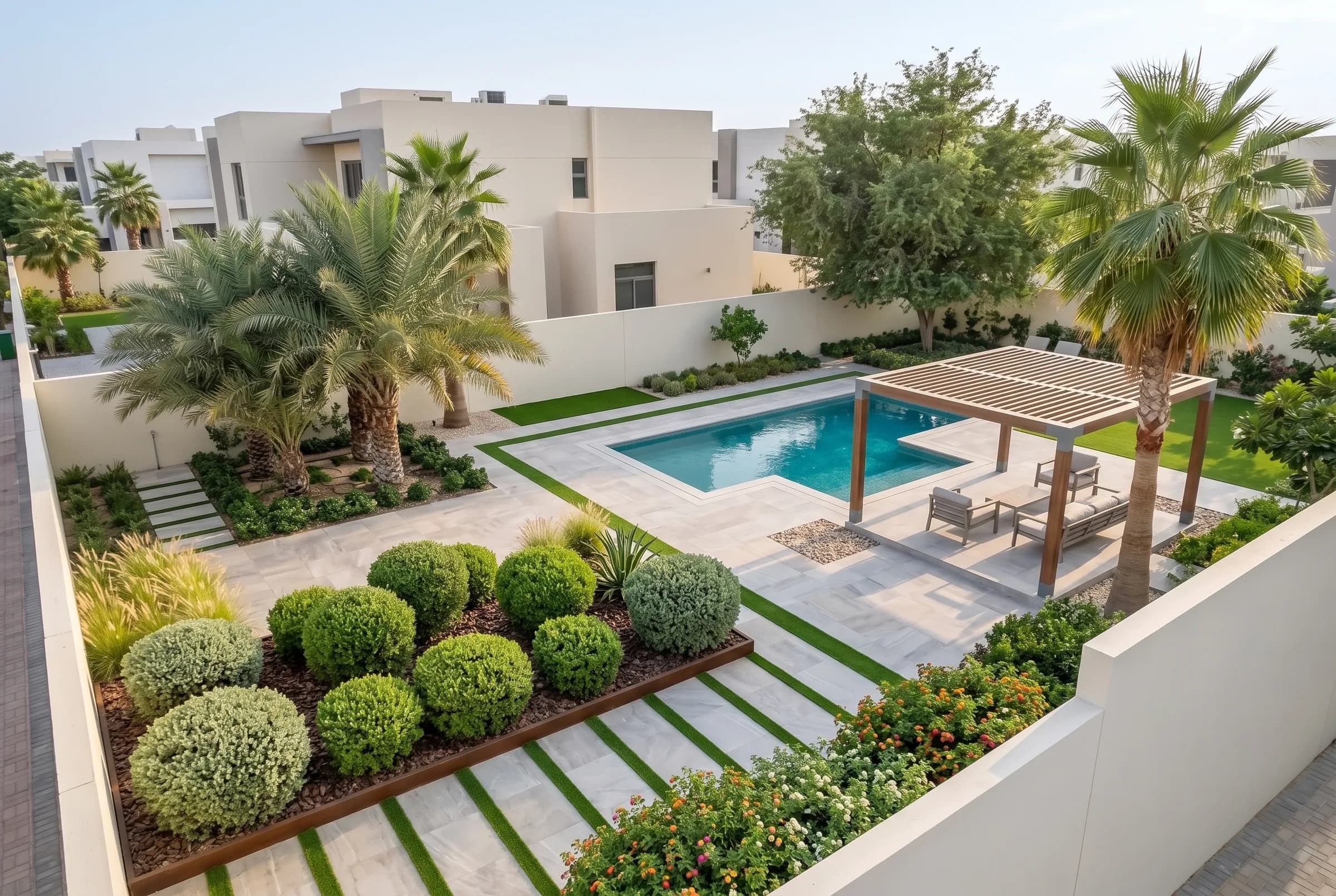 Elevated overview of a full desert-modern Dubai villa garden: tile-and-turf-strip pattern, planters, palms and a small pool