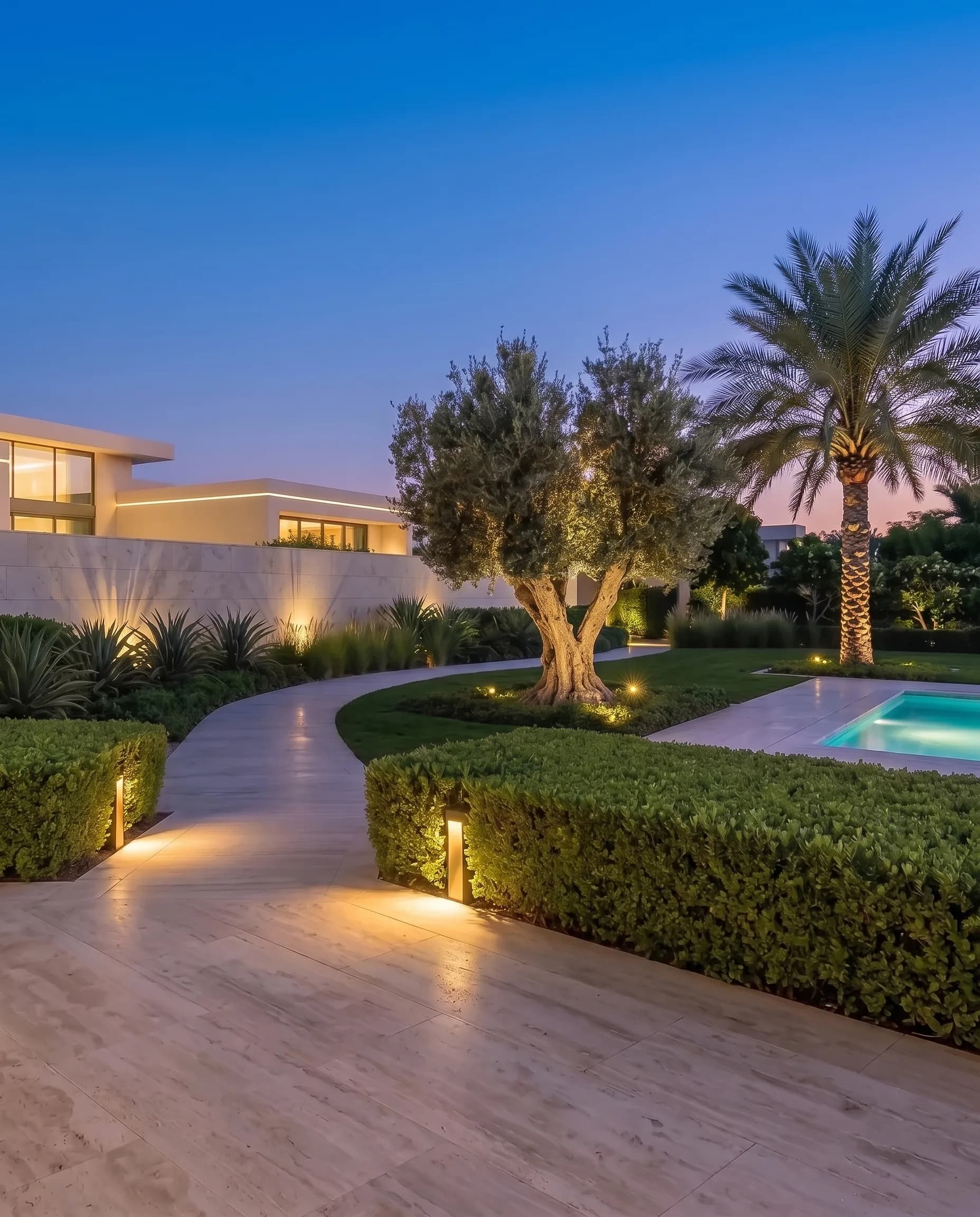 Vertical blue-hour view of a luxury Dubai villa garden: an uplit olive tree and palm above softly lit travertine paths and clipped hedges