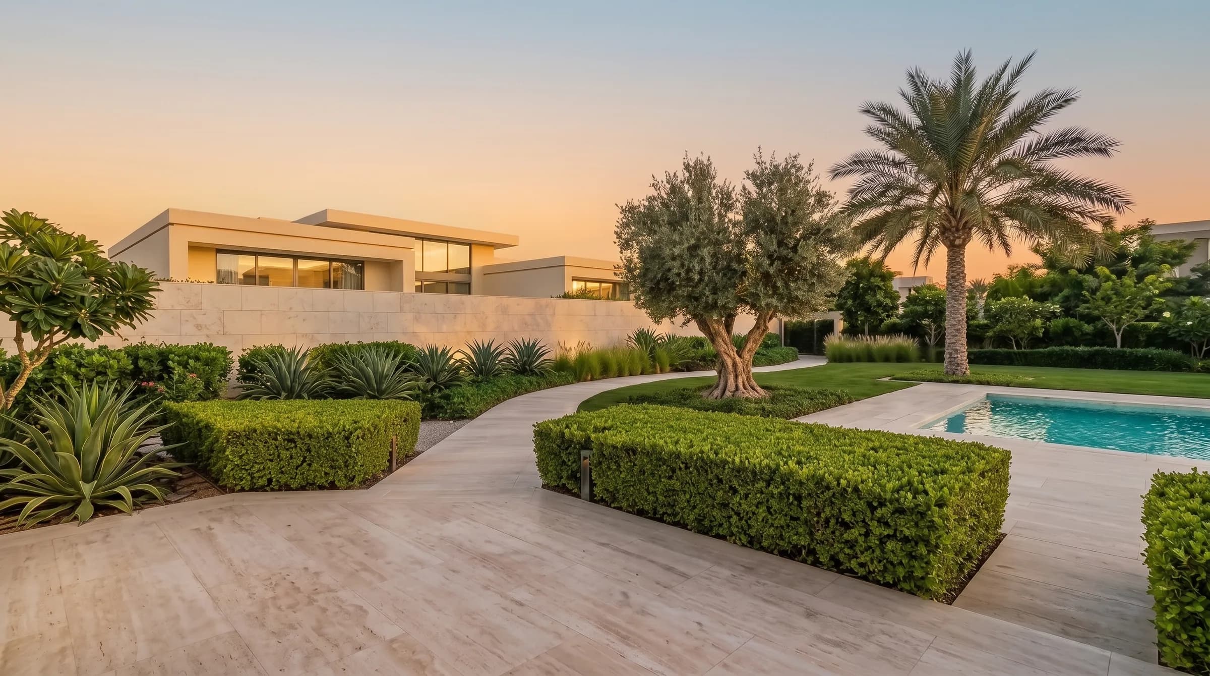 Luxury Dubai villa garden at golden hour, fixtures off: the same sculptural olive, clipped hedges and travertine terrace in warm daylight