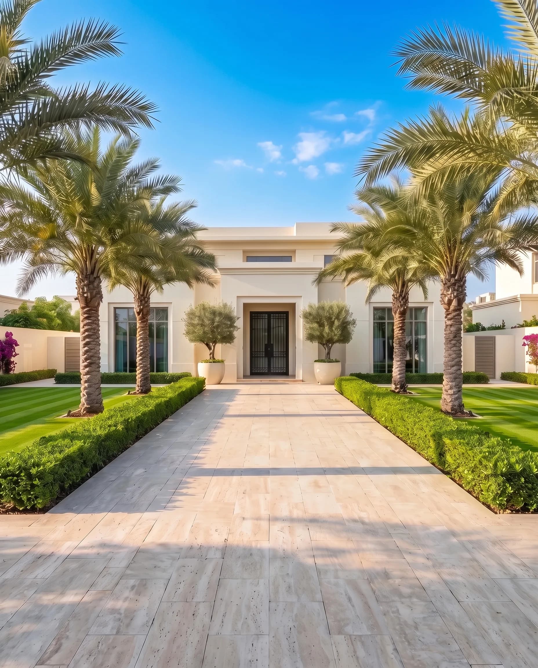Vertical view of an elegant manicured Dubai villa garden: a travertine path between clipped hedges and date palms leads to the entrance