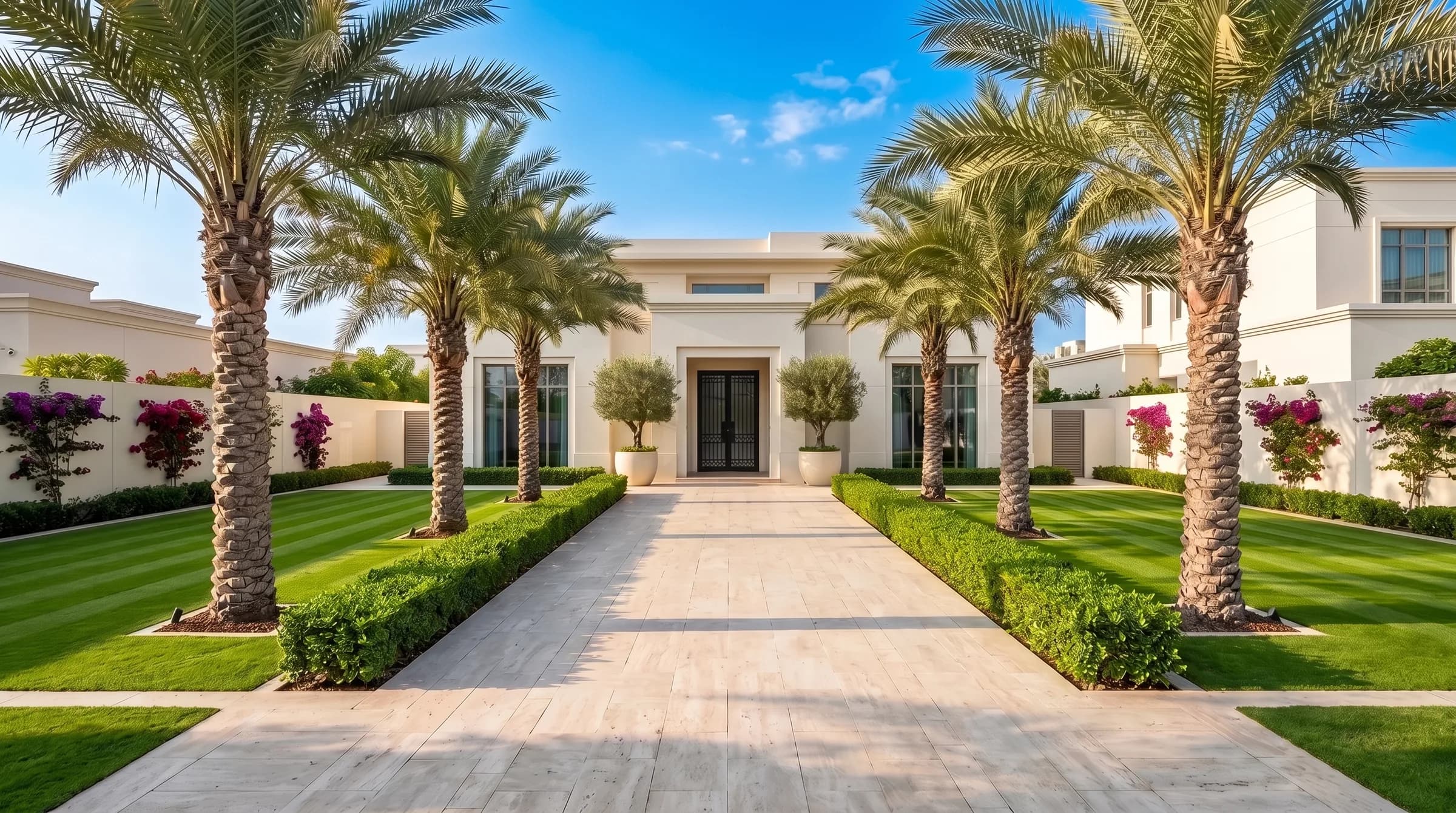 Elegant manicured Dubai villa garden hero: a symmetrical striped lawn and date palm allee leading to a cream villa entrance
