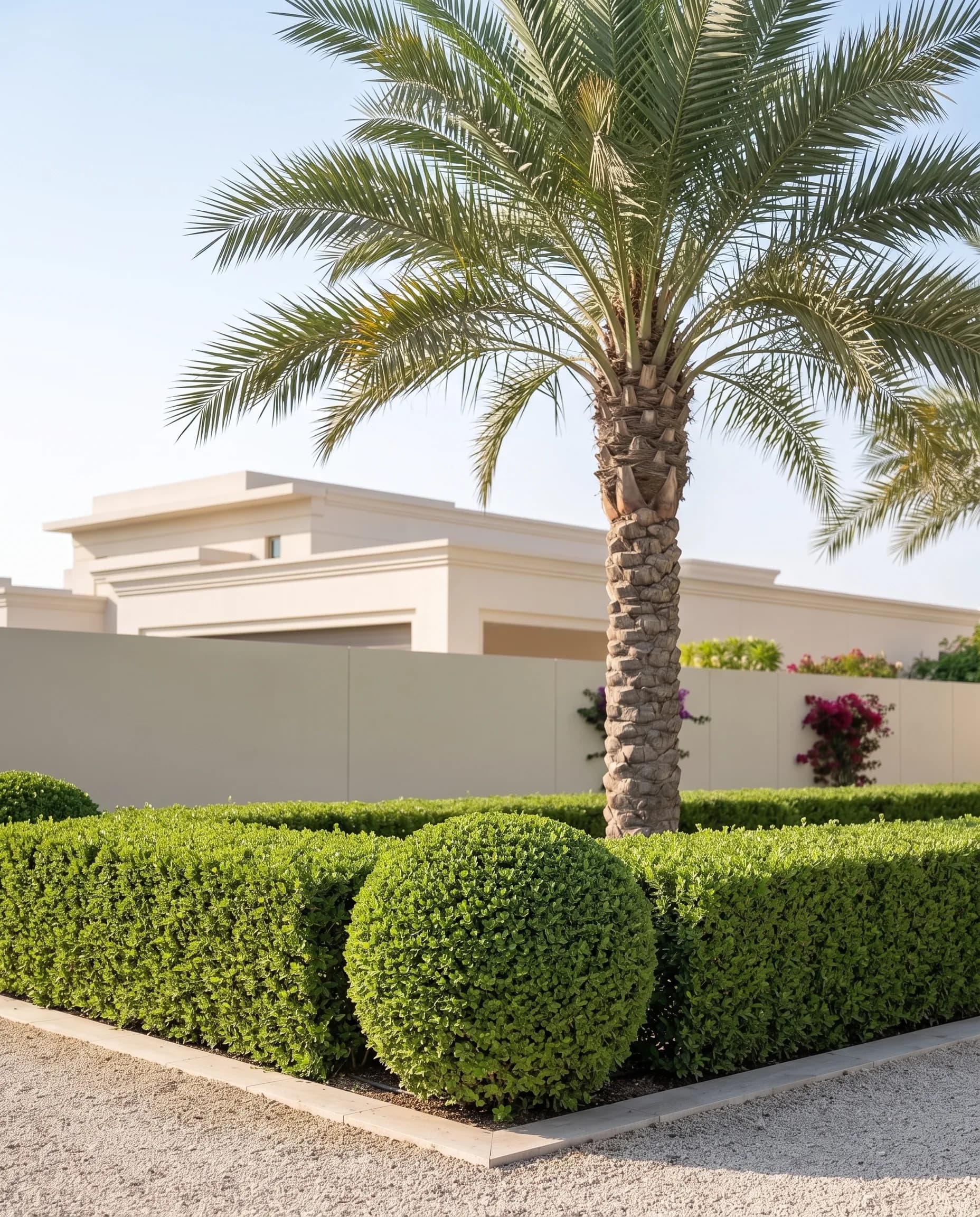 Manicured Dubai villa garden vignette: a clipped hedge with a topiary ball beneath a date palm trunk