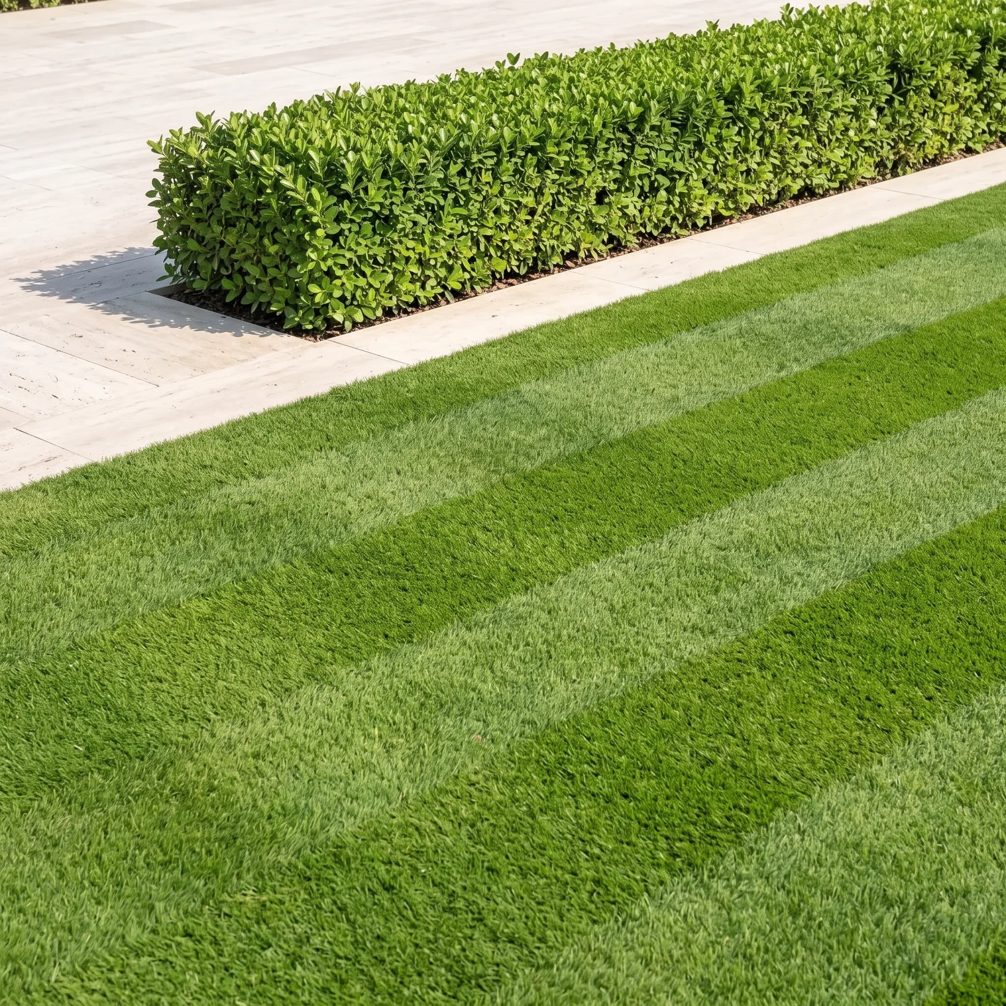 Close-up of crisp mowing stripes meeting a clipped hedge and limestone kerb in a manicured Dubai villa garden