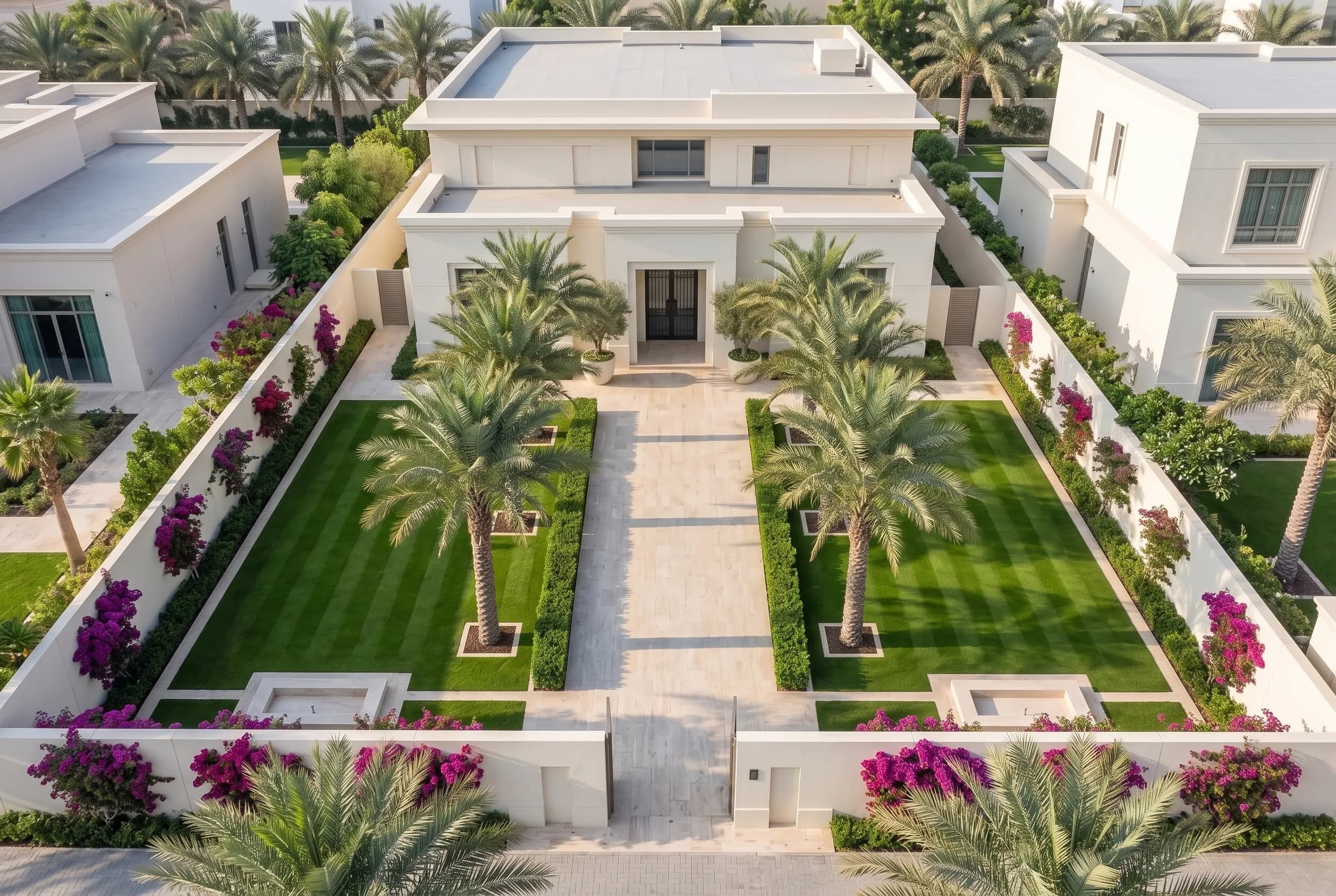 Elevated overview of a manicured Dubai villa garden's full symmetrical layout: lawn panel, mirrored hedges, palm allee and fountain