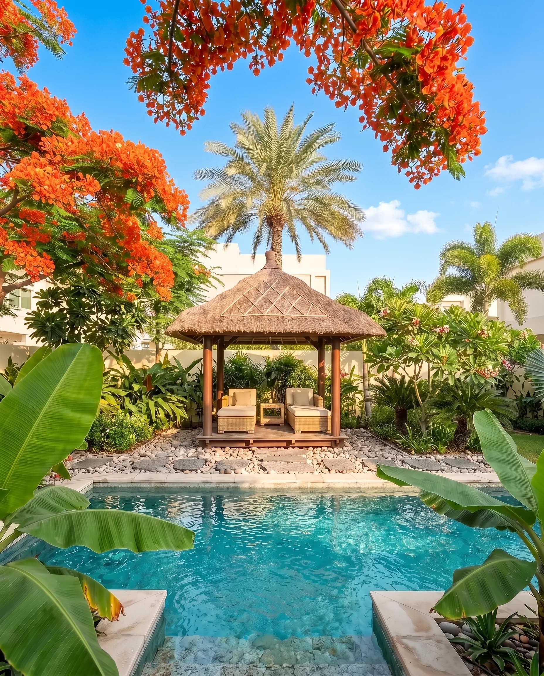 Vertical view of a tropical Bali-style Dubai garden: banana leaves frame a turquoise plunge pool and a thatched bale under a flame tree