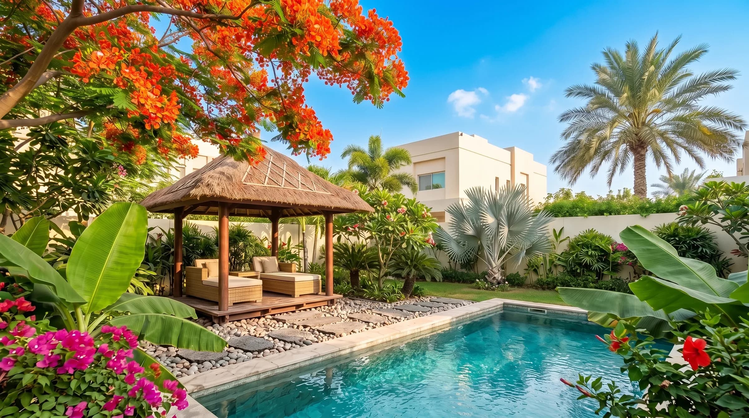 Tropical Bali-villa-vibe Dubai garden hero: layered palms and a flowering canopy around a stone-edged plunge pool with a cream villa behind