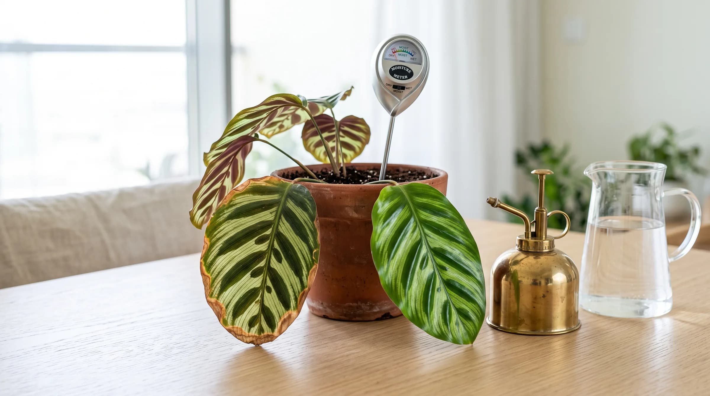 A calathea leaf with brown tips beside a healthy leaf, a moisture meter in a pot and a watering can on an oak table