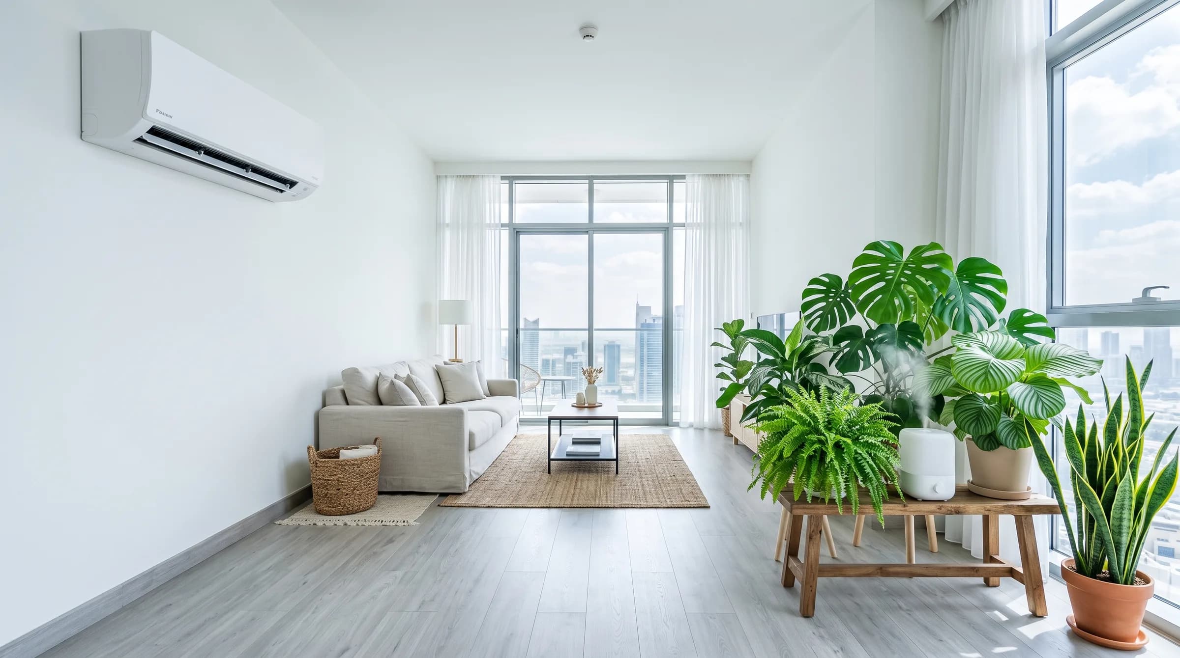 Houseplants grouped away from a split AC unit beside a small humidifier in a bright Dubai living room